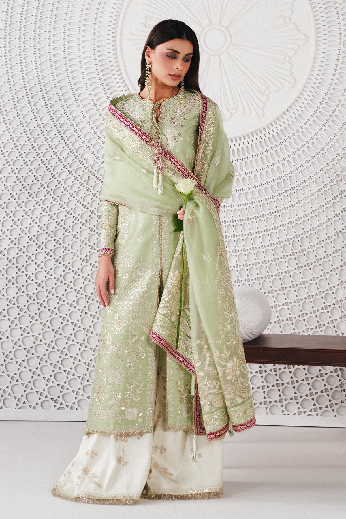 Saad Bin Shahzad Reeha – mint green embroidered raw silk front-open kurta with trousers from Festive Pret'26 – view 5