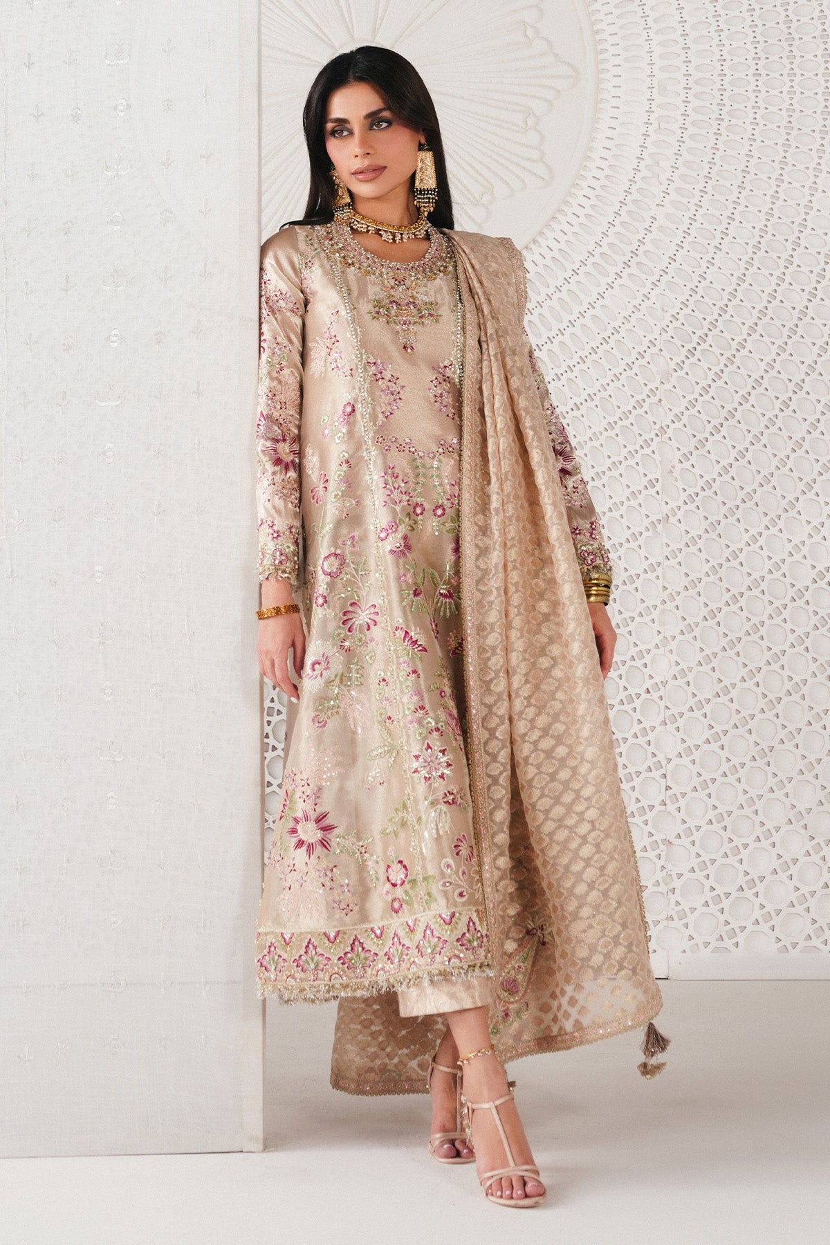 Saad Bin Shahzad Zari – rose gold embroidered Chanderi tissue kurta with culottes from Festive Pret'26 – view 8