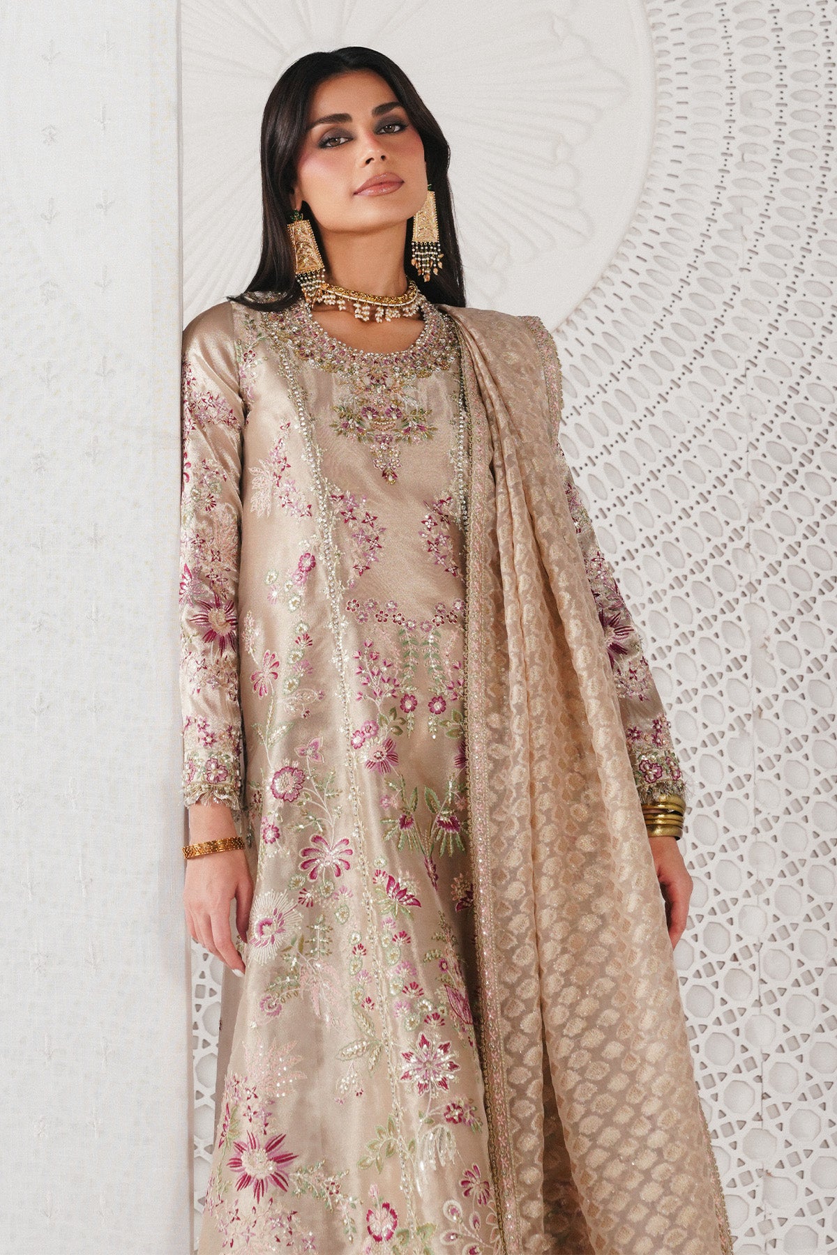 Saad Bin Shahzad Zari – rose gold embroidered Chanderi tissue kurta with culottes from Festive Pret'26 – view 6