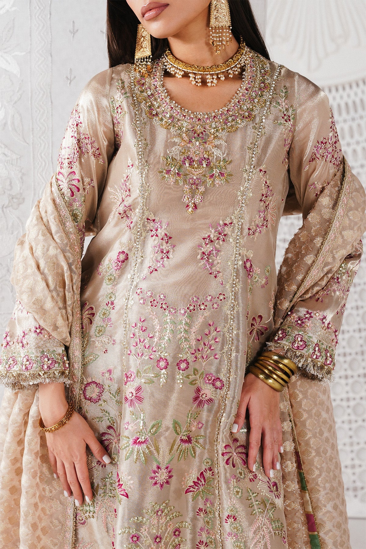 Saad Bin Shahzad Zari – rose gold embroidered Chanderi tissue kurta with culottes from Festive Pret'26 – view 7