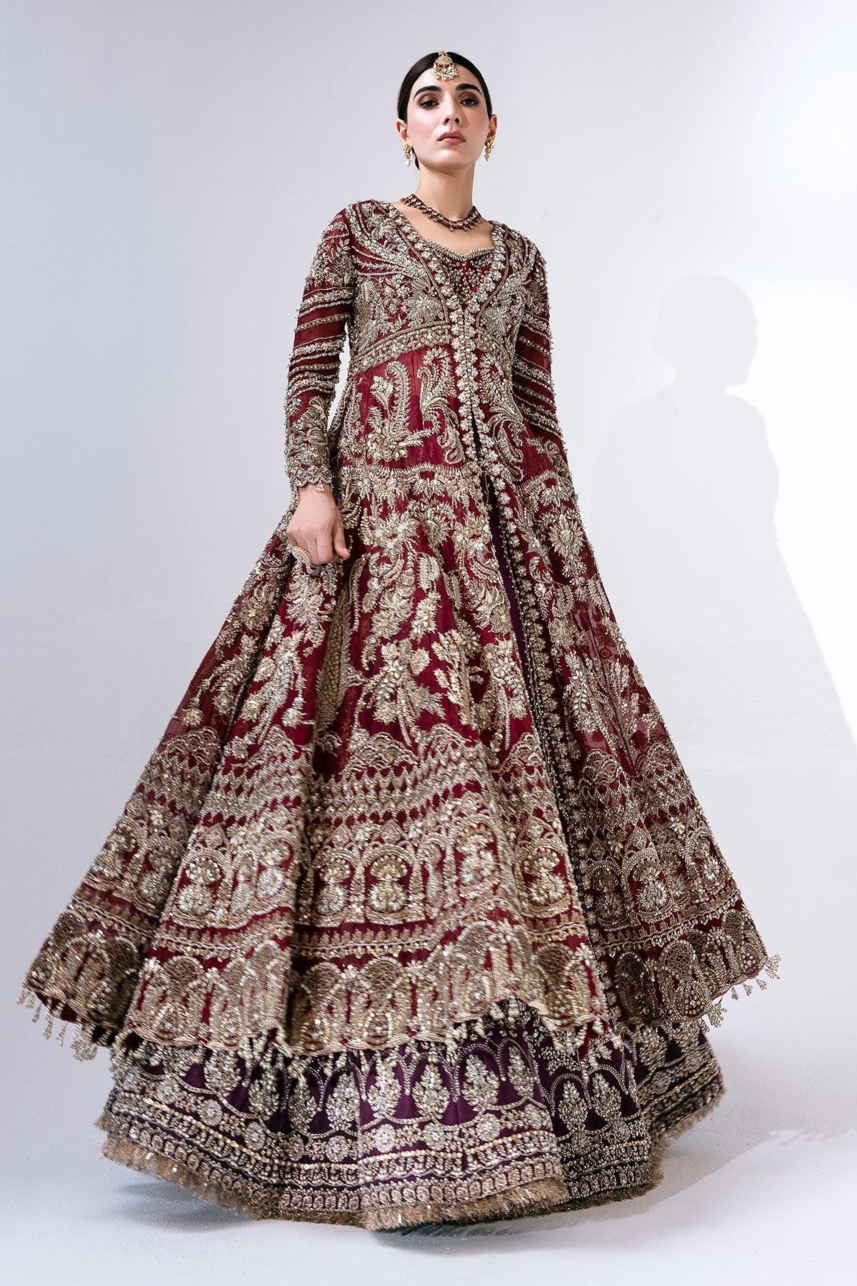 Saad Bin Shahzad Leyla – deep red zardozi kalidar with lehenga from Sona Gachi Bridals'24