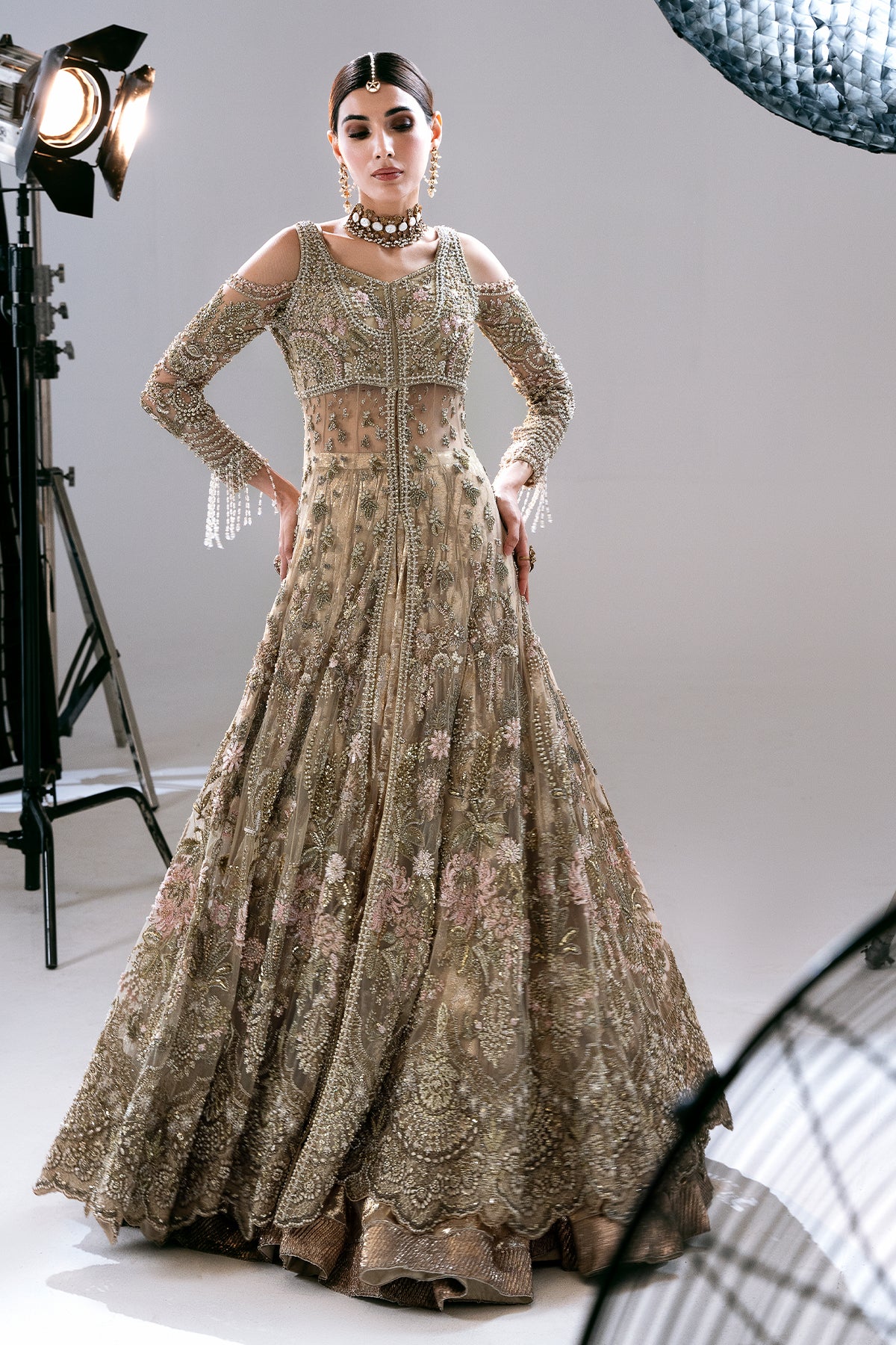 Saad Bin Shahzad Arin – champagne gold embroidered bridal lehenga from Sona Gachi Bridals'24 – view 4