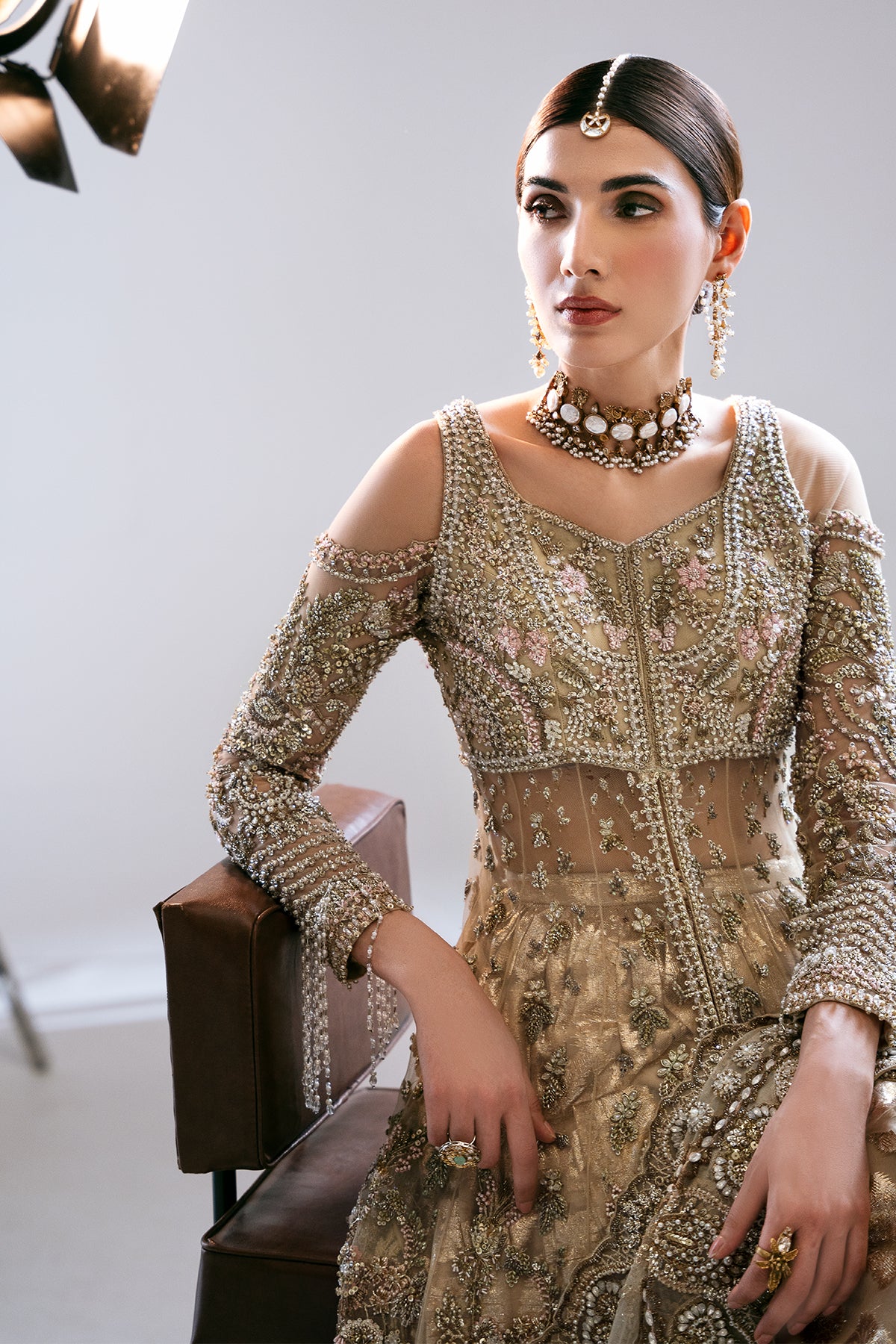 Saad Bin Shahzad Arin – champagne gold embroidered bridal lehenga from Sona Gachi Bridals'24 – view 7