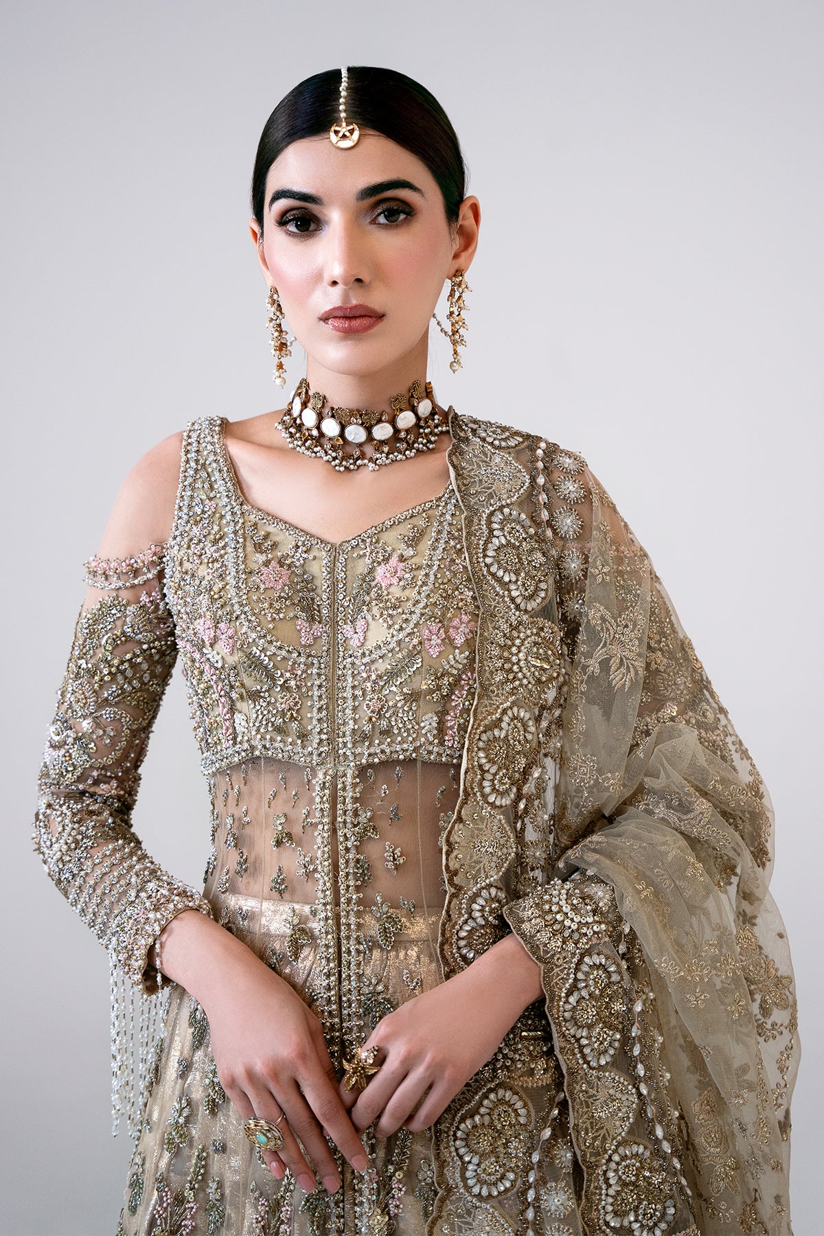 Saad Bin Shahzad Arin – champagne gold embroidered bridal lehenga from Sona Gachi Bridals'24 – view 3