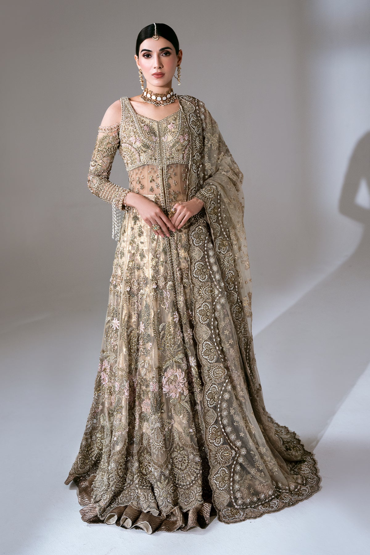 Saad Bin Shahzad Arin – champagne gold embroidered bridal lehenga from Sona Gachi Bridals'24 – view 2