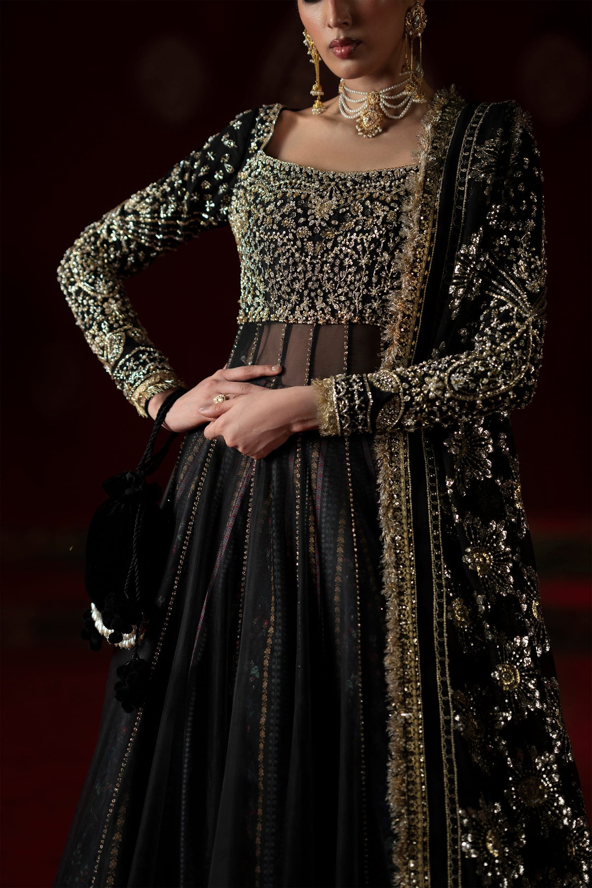 Saad Bin Shahzad Amal – black hand-embellished pishwas with printed lehenga from LAAVNI'25 – view 3