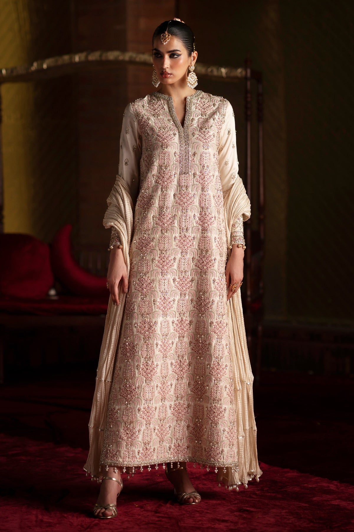Saad Bin Shahzad Elif – ivory pastel-embroidered raw silk long shirt with trousers from LAAVNI'25