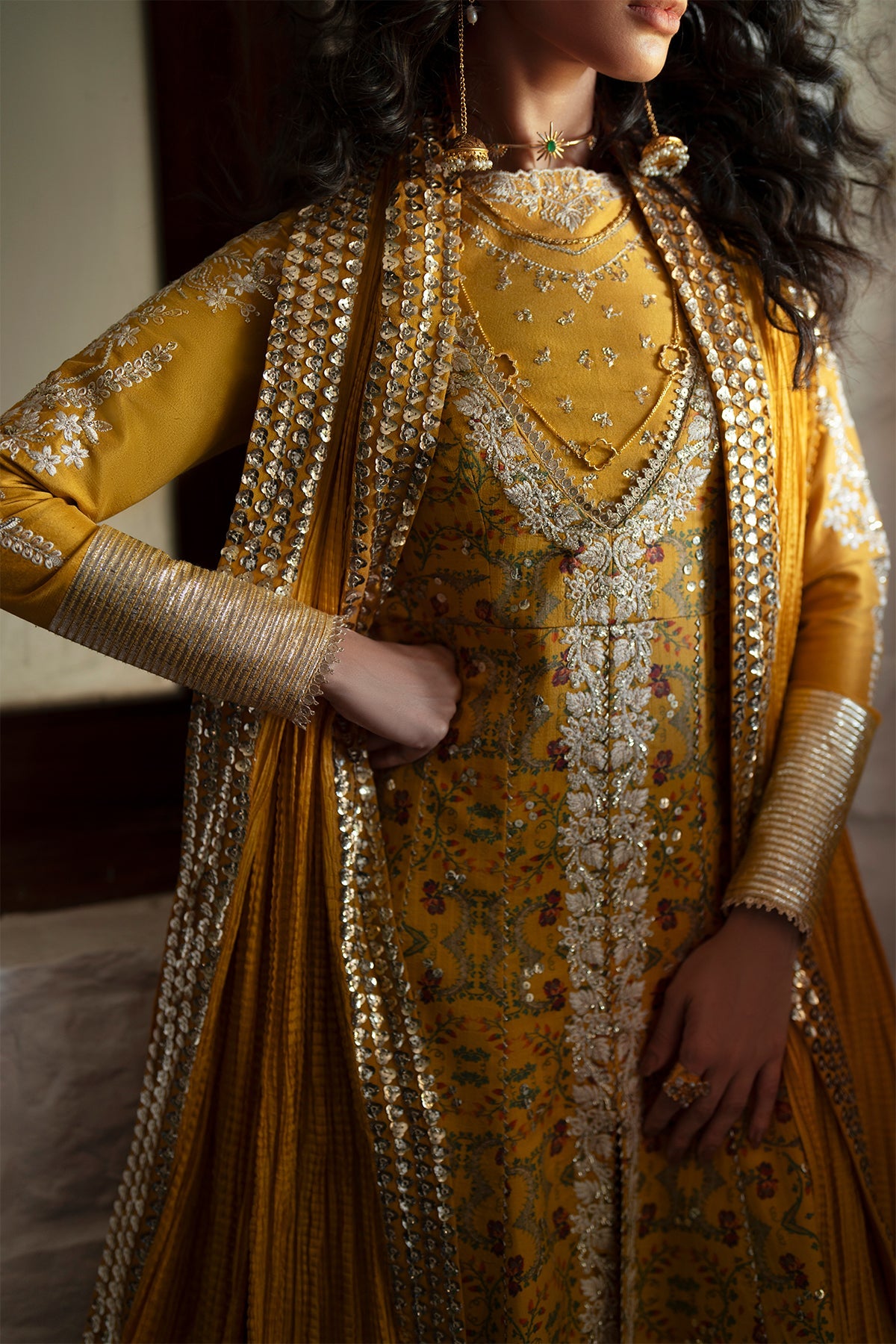 Saad Bin Shahzad Amina – marigold embroidered tussar silk kalidar with sharara from Silk'25 – view 3