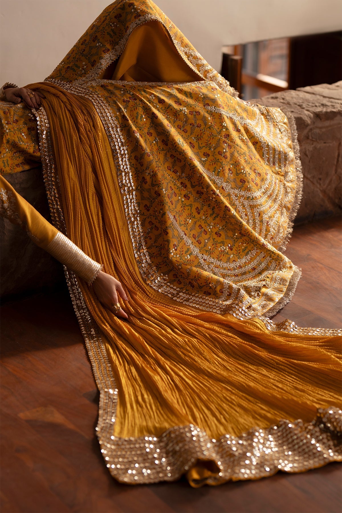 Saad Bin Shahzad Amina – marigold embroidered tussar silk kalidar with sharara from Silk'25 – view 4