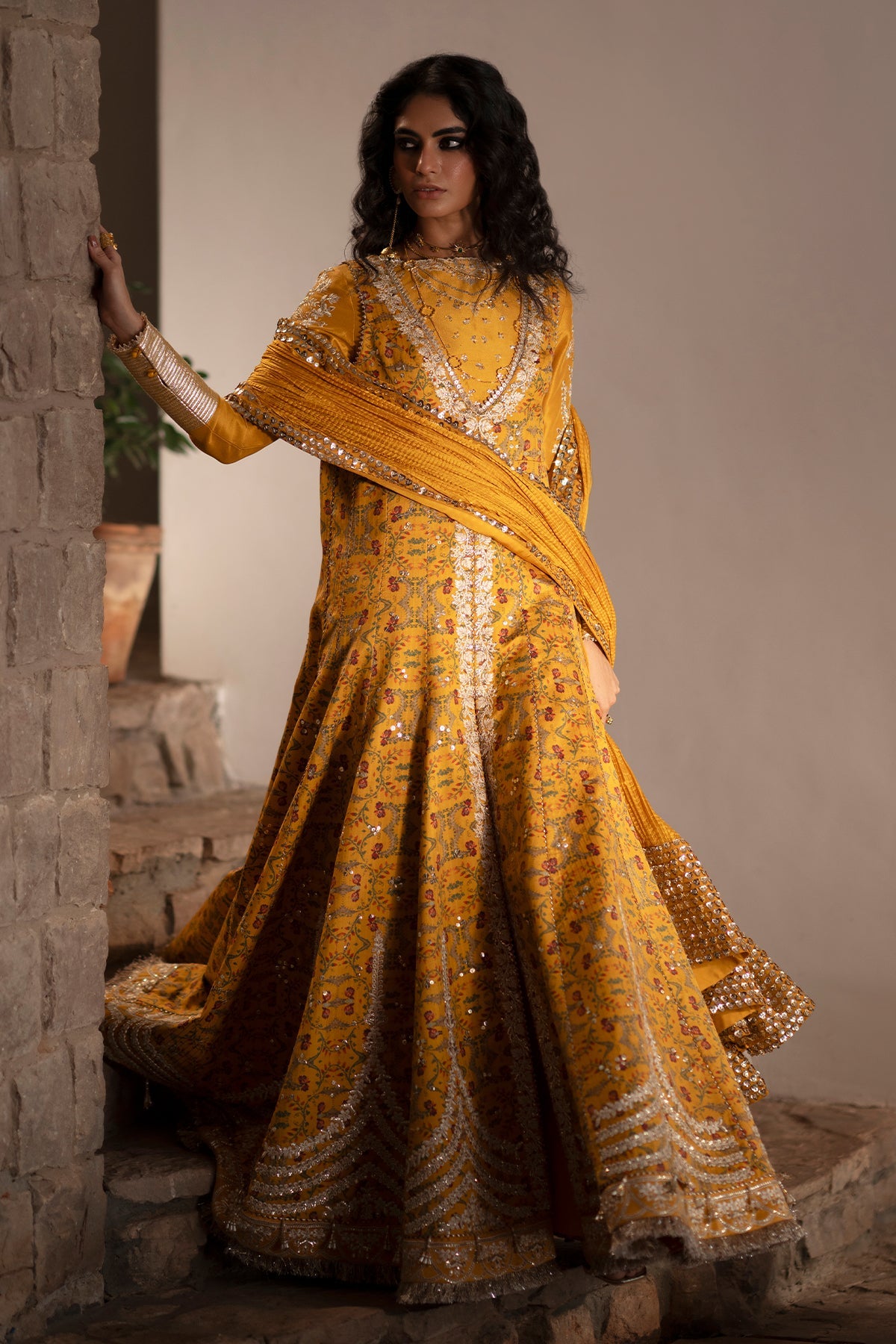 Saad Bin Shahzad Amina – marigold embroidered tussar silk kalidar with sharara from Silk'25 – view 6
