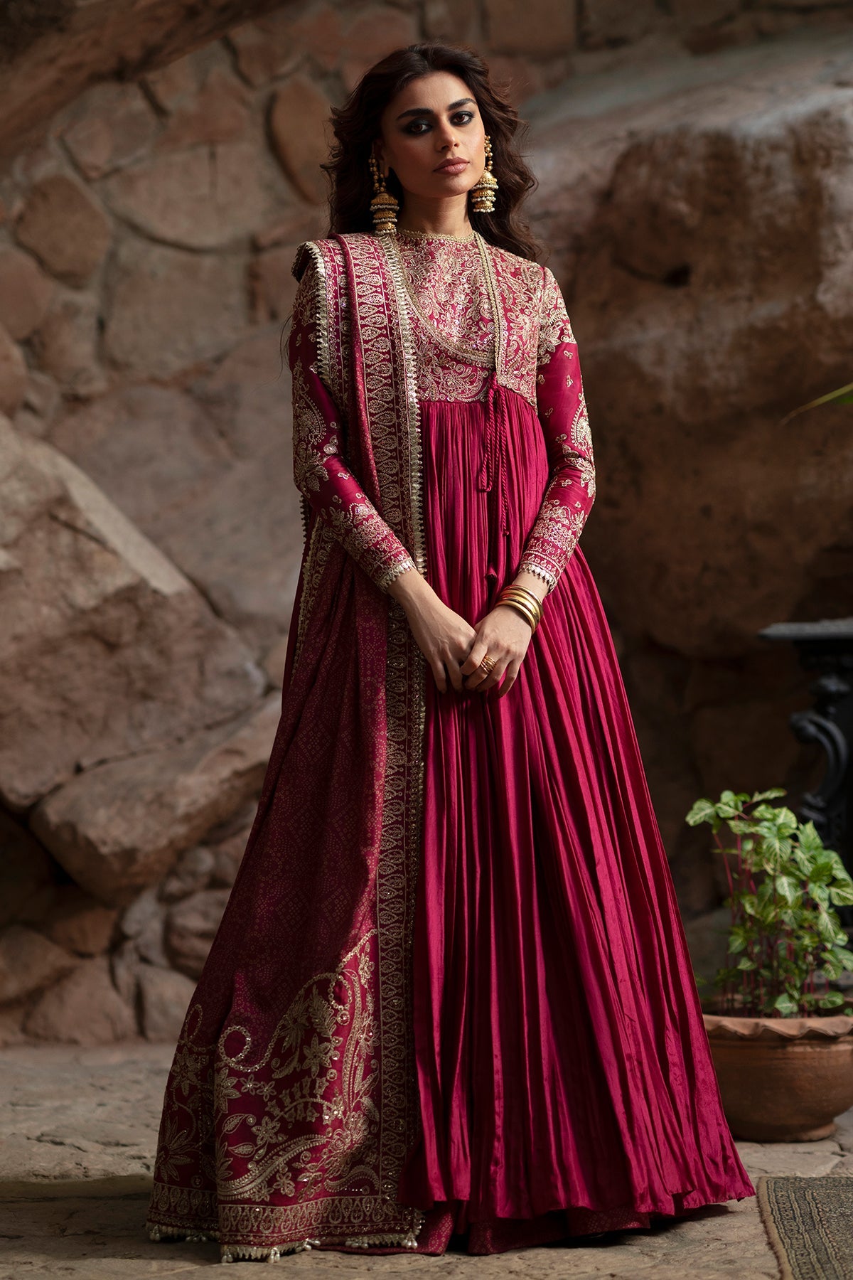 Saad Bin Shahzad Mahnaz – raspberry pink tila-embroidered silk pishwas with printed lehenga from Silk'25