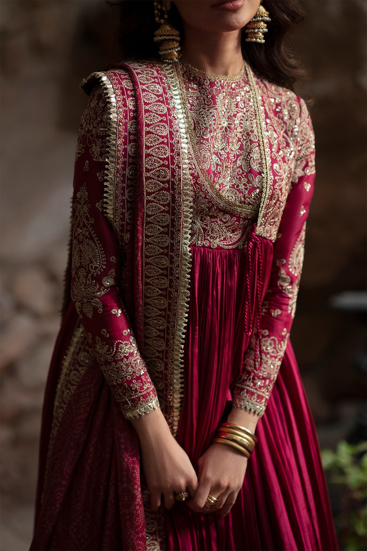 Saad Bin Shahzad Mahnaz – raspberry pink tila-embroidered silk pishwas with printed lehenga from Silk'25 – view 3