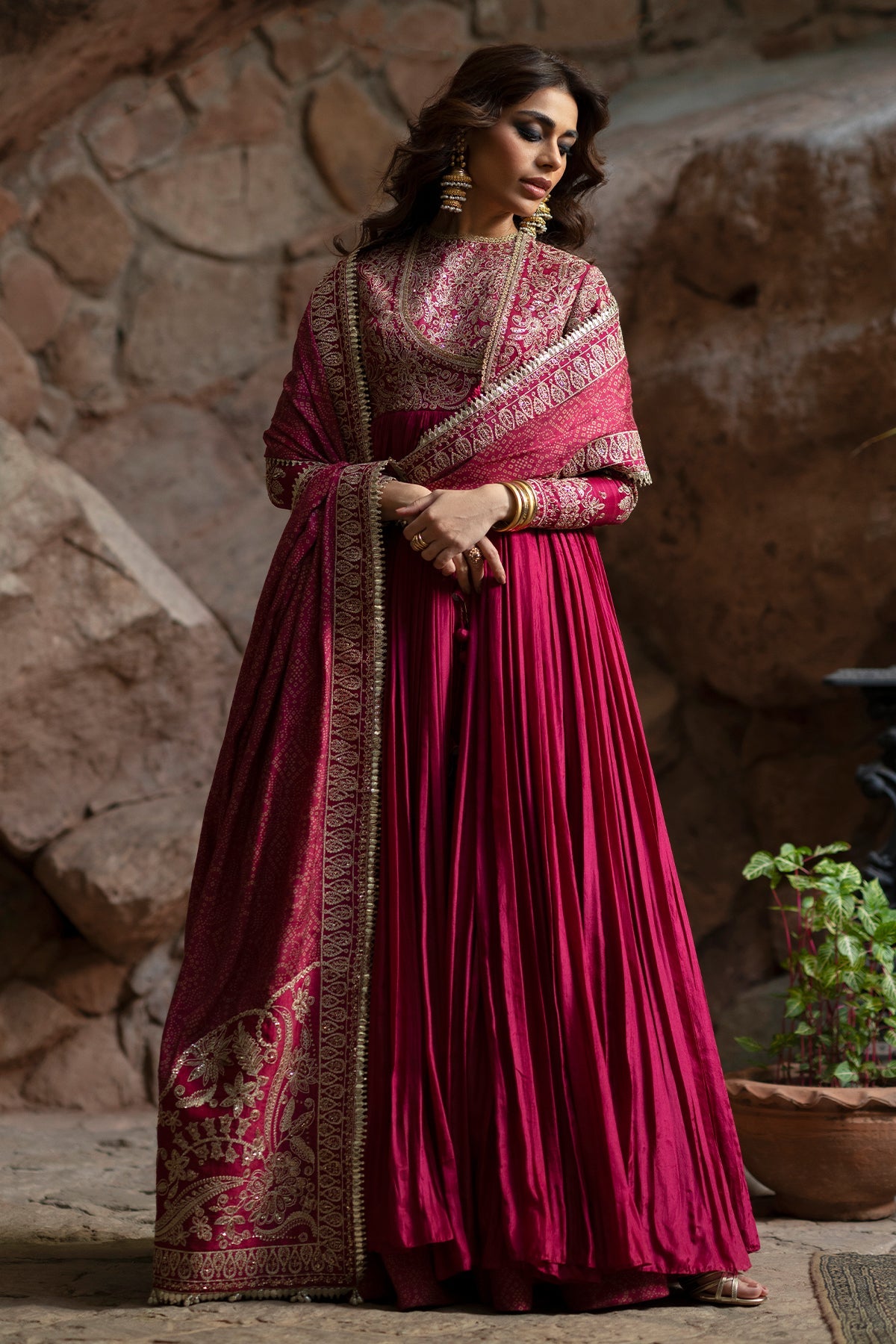 Saad Bin Shahzad Mahnaz – raspberry pink tila-embroidered silk pishwas with printed lehenga from Silk'25 – view 7