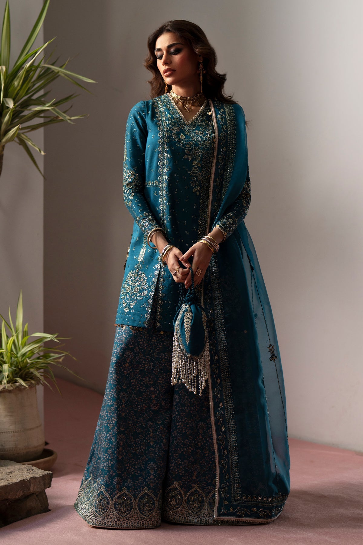Saad Bin Shahzad Esila – teal tussar silk short shirt with printed silk sharara from Silk'25 – view 7