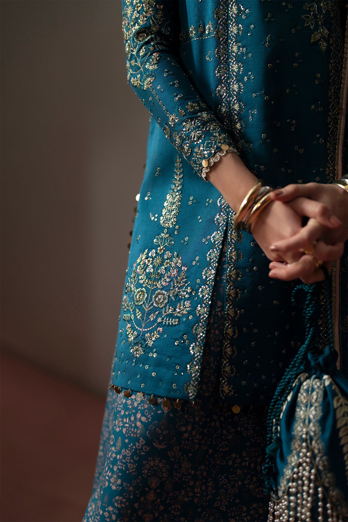 Saad Bin Shahzad Esila – teal tussar silk short shirt with printed silk sharara from Silk'25 – view 4