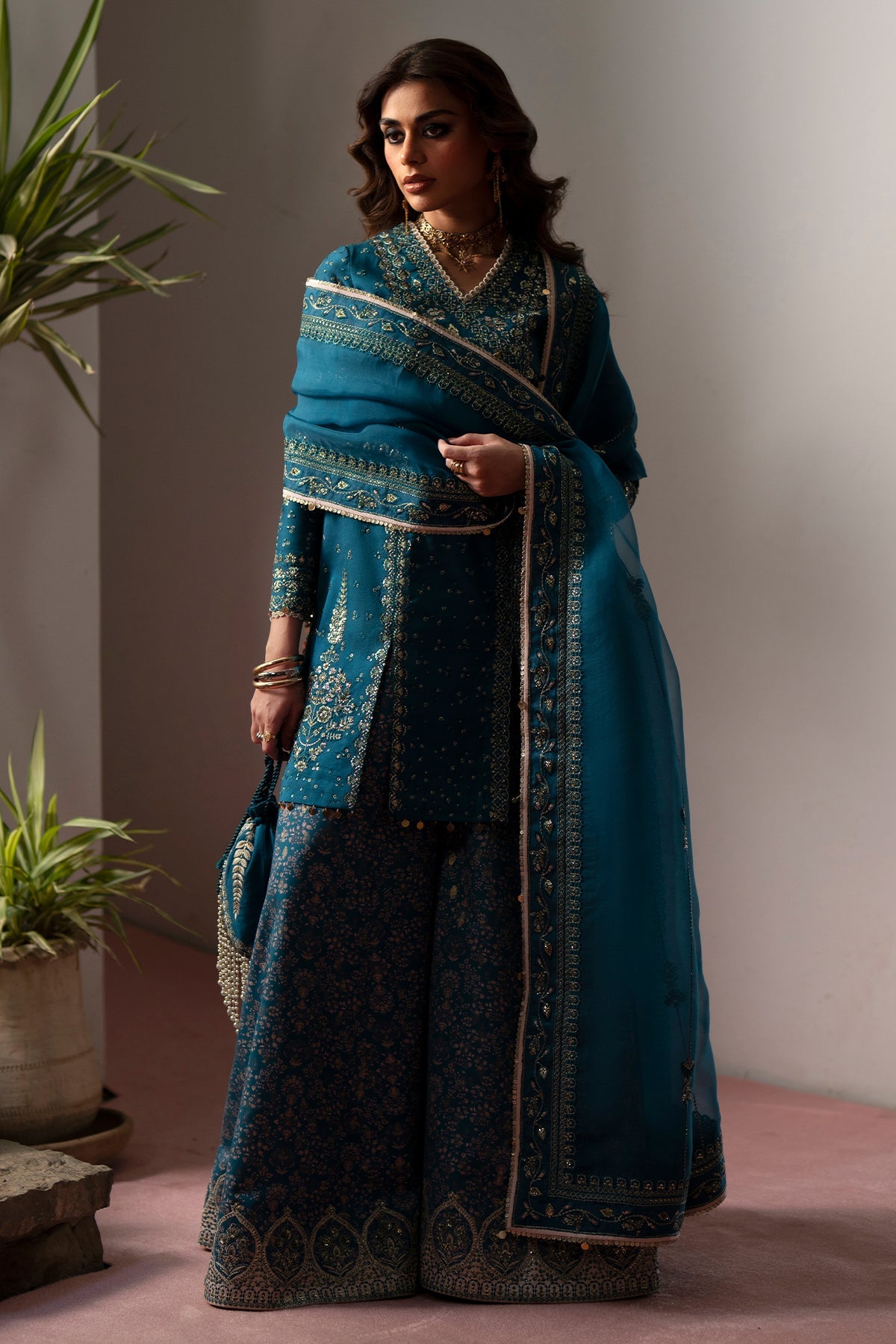 Saad Bin Shahzad Esila – teal tussar silk short shirt with printed silk sharara from Silk'25 – view 8