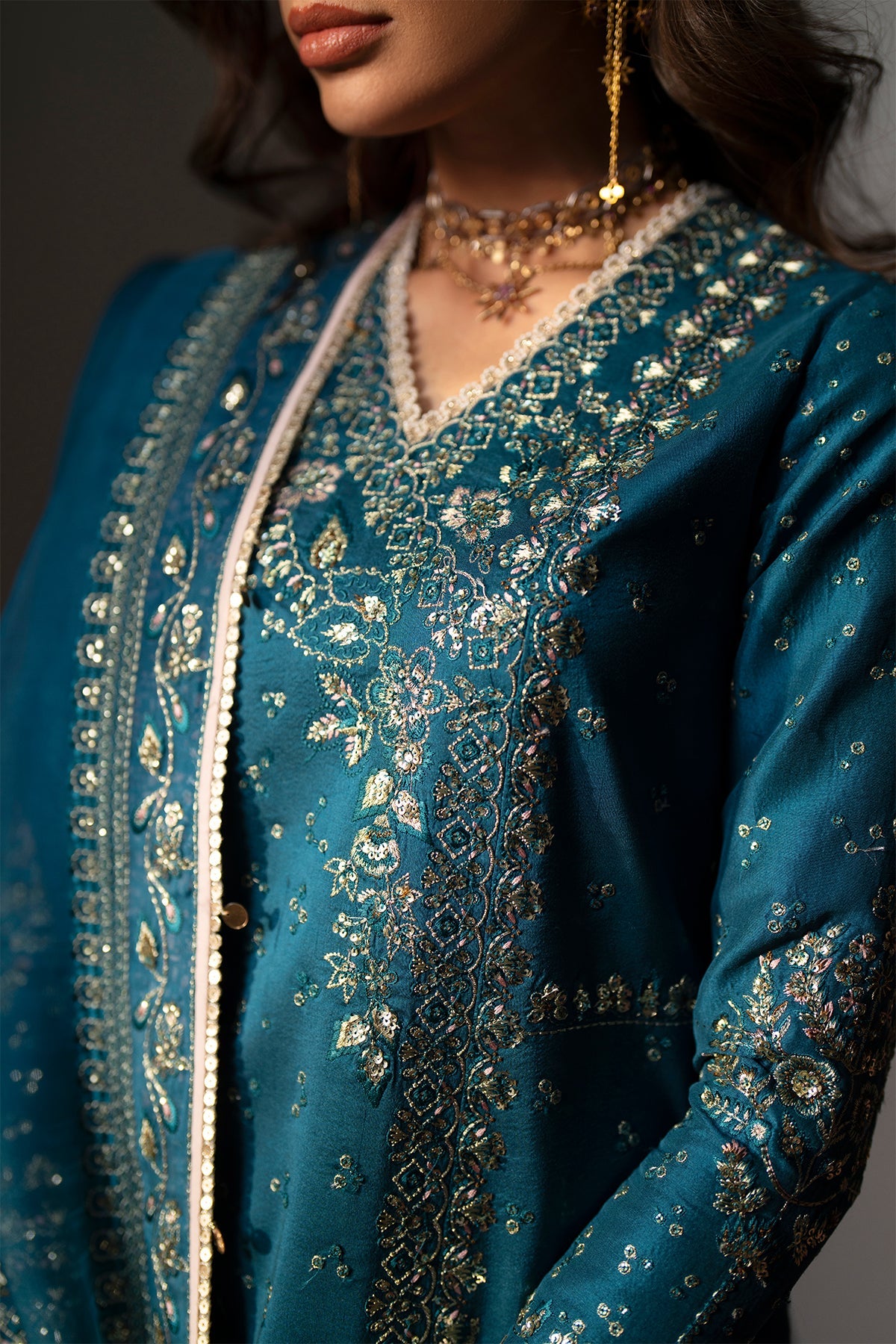 Saad Bin Shahzad Esila – teal tussar silk short shirt with printed silk sharara from Silk'25 – view 3
