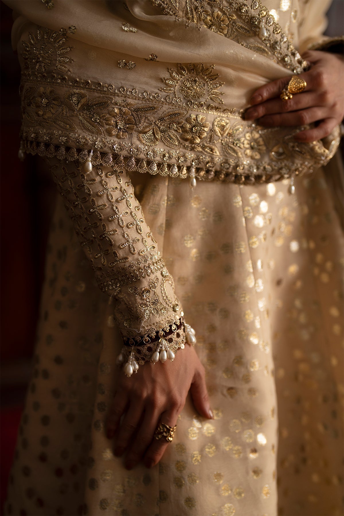 Saad Bin Shahzad Saphina – pale gold embroidered zari silk kalidar with sharara from Silk'25 – view 7