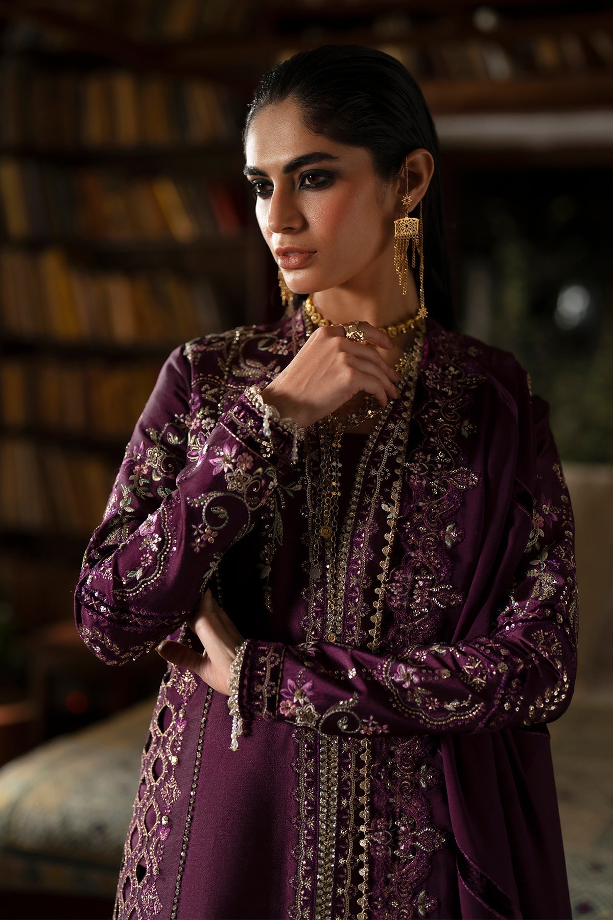 Saad Bin Shahzad Laila – plum embroidered tussar silk open shirt with sharara from Silk'25 – view 2