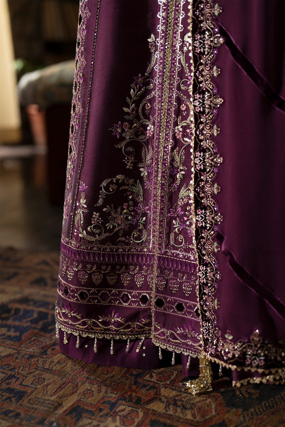 Saad Bin Shahzad Laila – plum embroidered tussar silk open shirt with sharara from Silk'25 – view 4