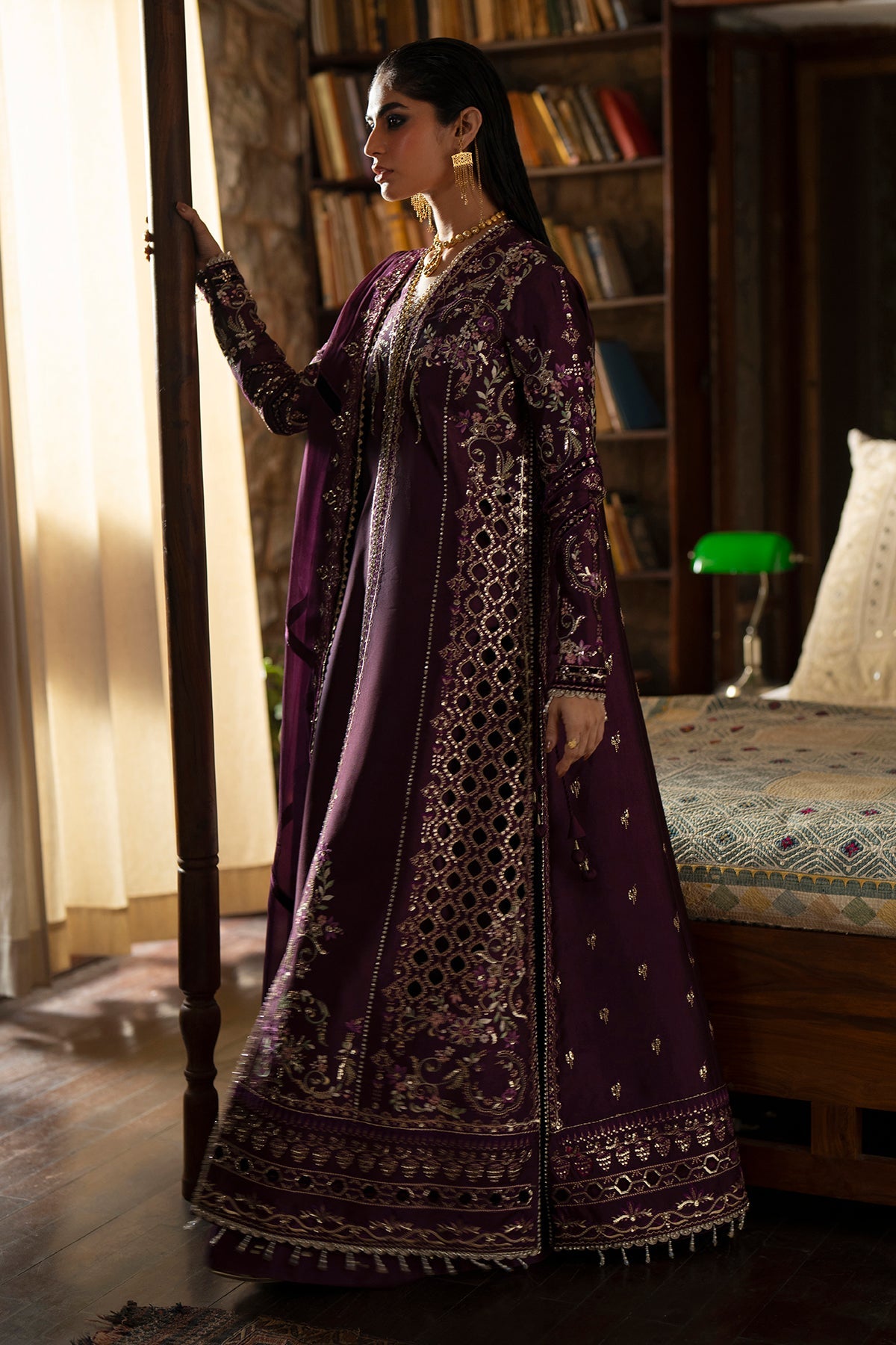 Saad Bin Shahzad Laila – plum embroidered tussar silk open shirt with sharara from Silk'25 – view 6
