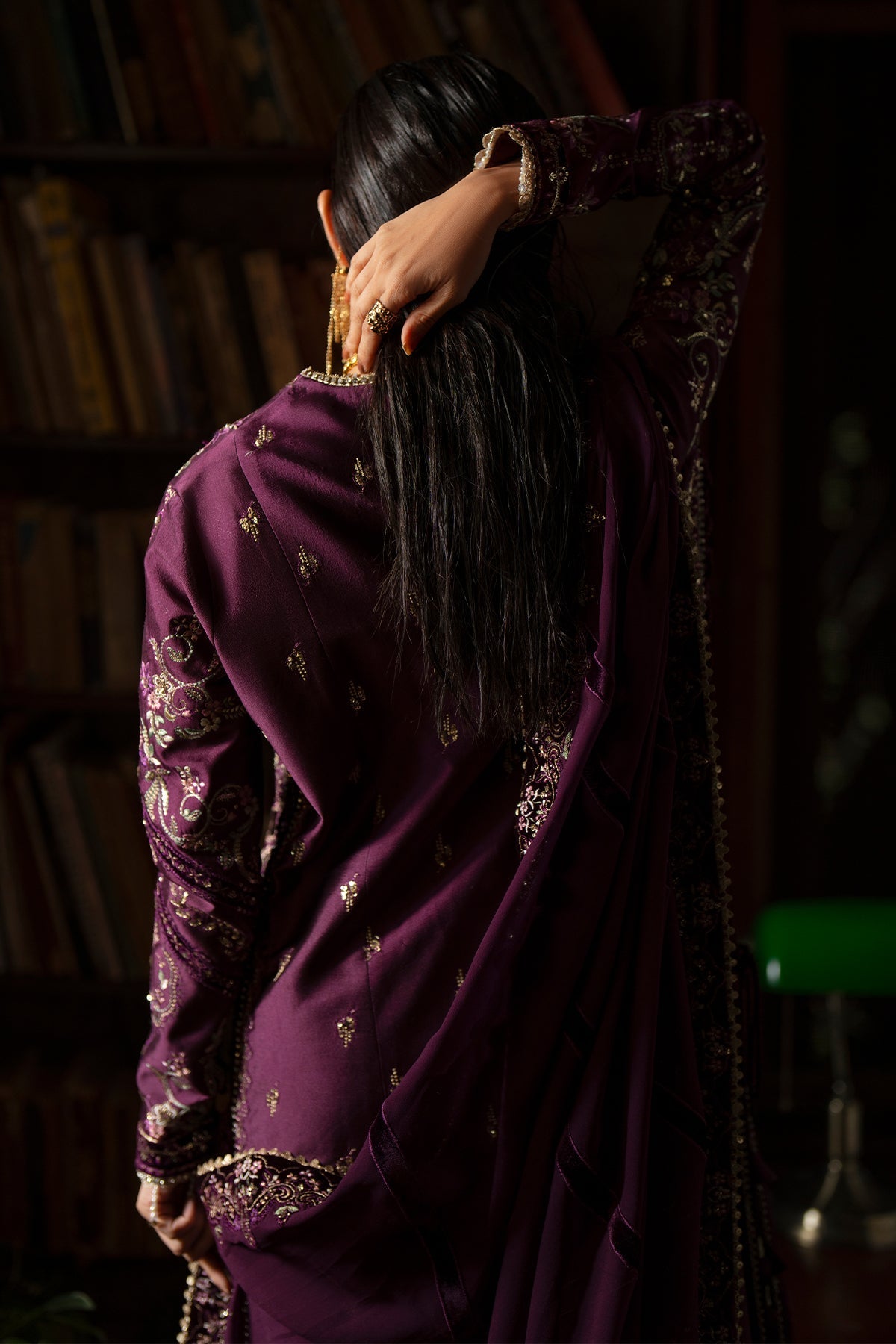 Saad Bin Shahzad Laila – plum embroidered tussar silk open shirt with sharara from Silk'25 – view 5