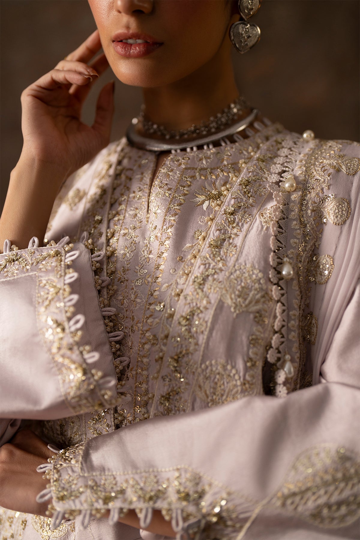 Saad Bin Shahzad Adeen – pastel purple embroidered tussar silk open gown with raw silk pants from Silk'25 – view 4