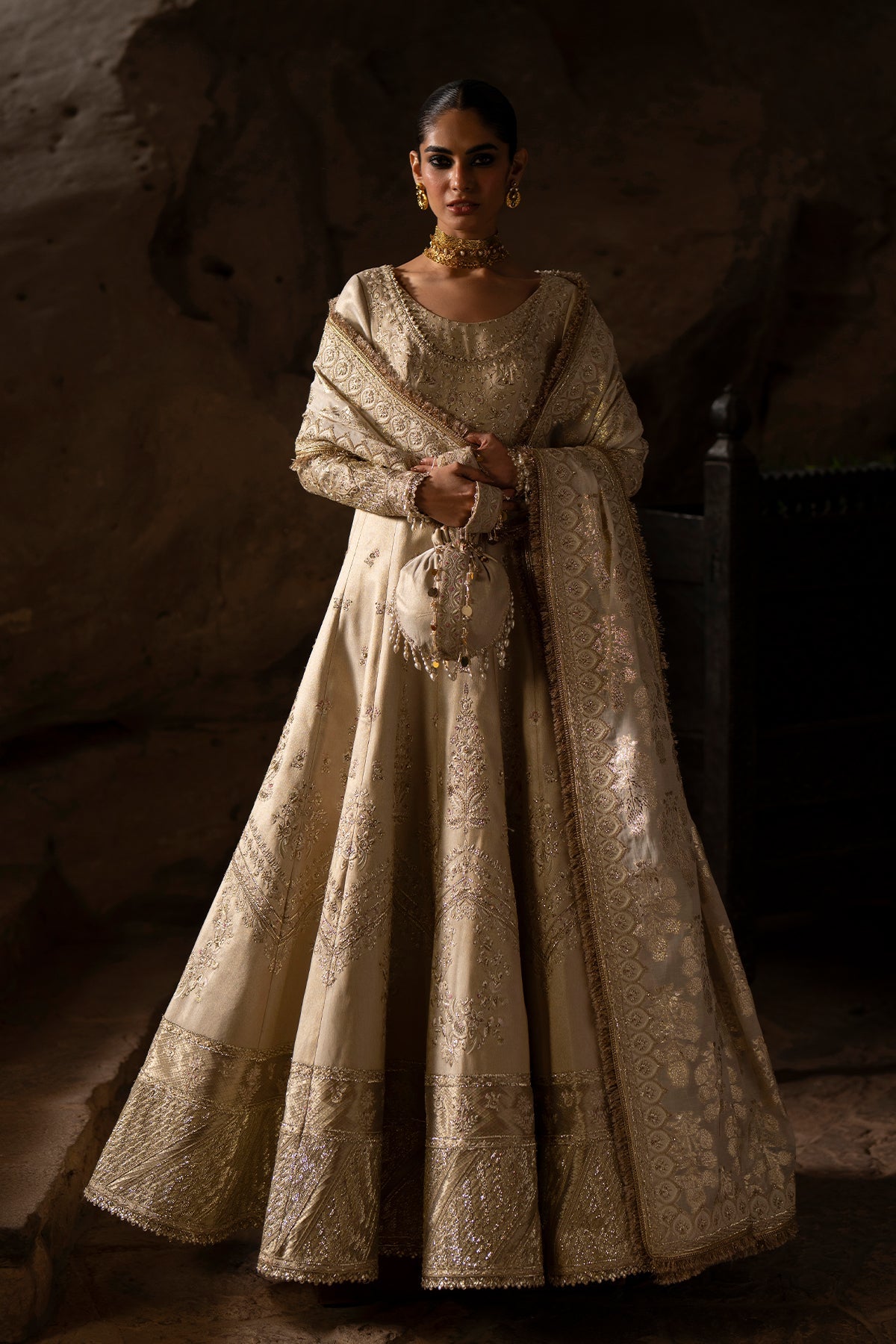 Saad Bin Shahzad Zimal – champagne gold embroidered zari silk pishwas with raw silk lehenga from Silk'25 – view 7