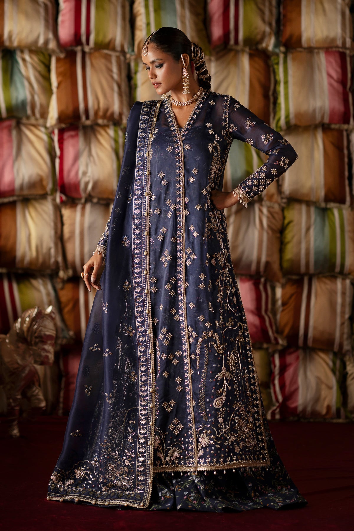 Saad Bin Shahzad Naz – navy blue embroidered cross-style long shirt with sharara from LAAVNI'25 – view 5