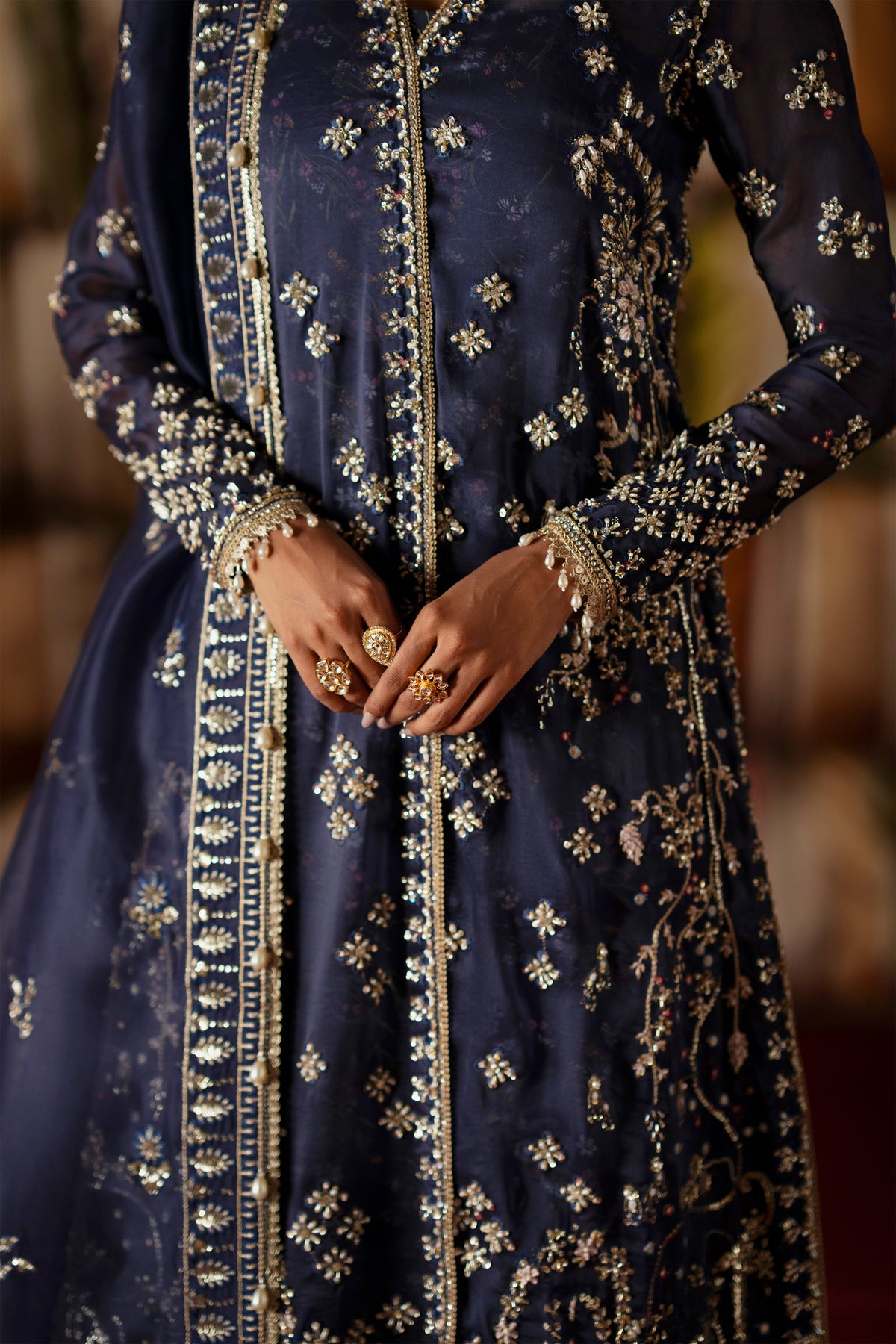Saad Bin Shahzad Naz – navy blue embroidered cross-style long shirt with sharara from LAAVNI'25 – view 3