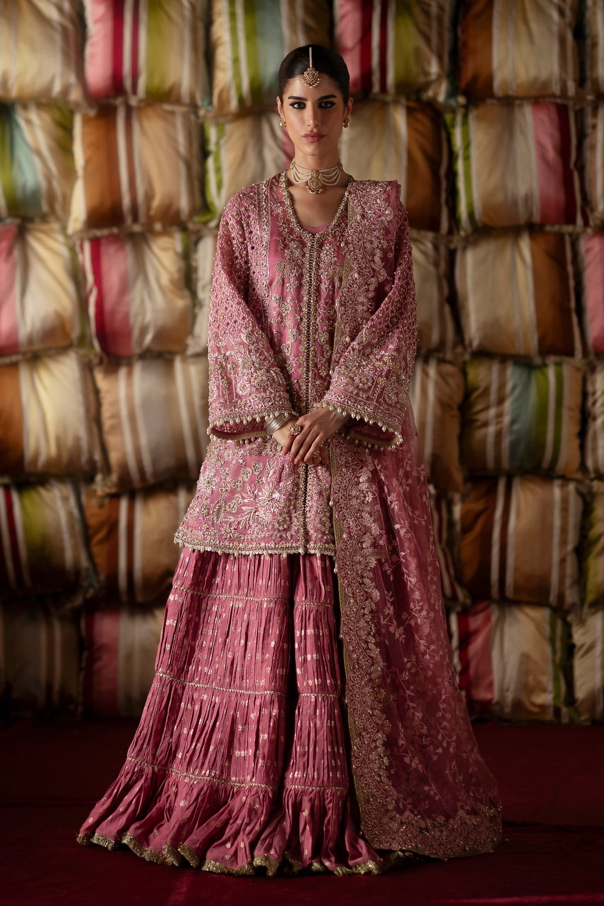 Saad Bin Shahzad Selah – candy pink embroidered short shirt with pleated gharara from LAAVNI'25 – view 11