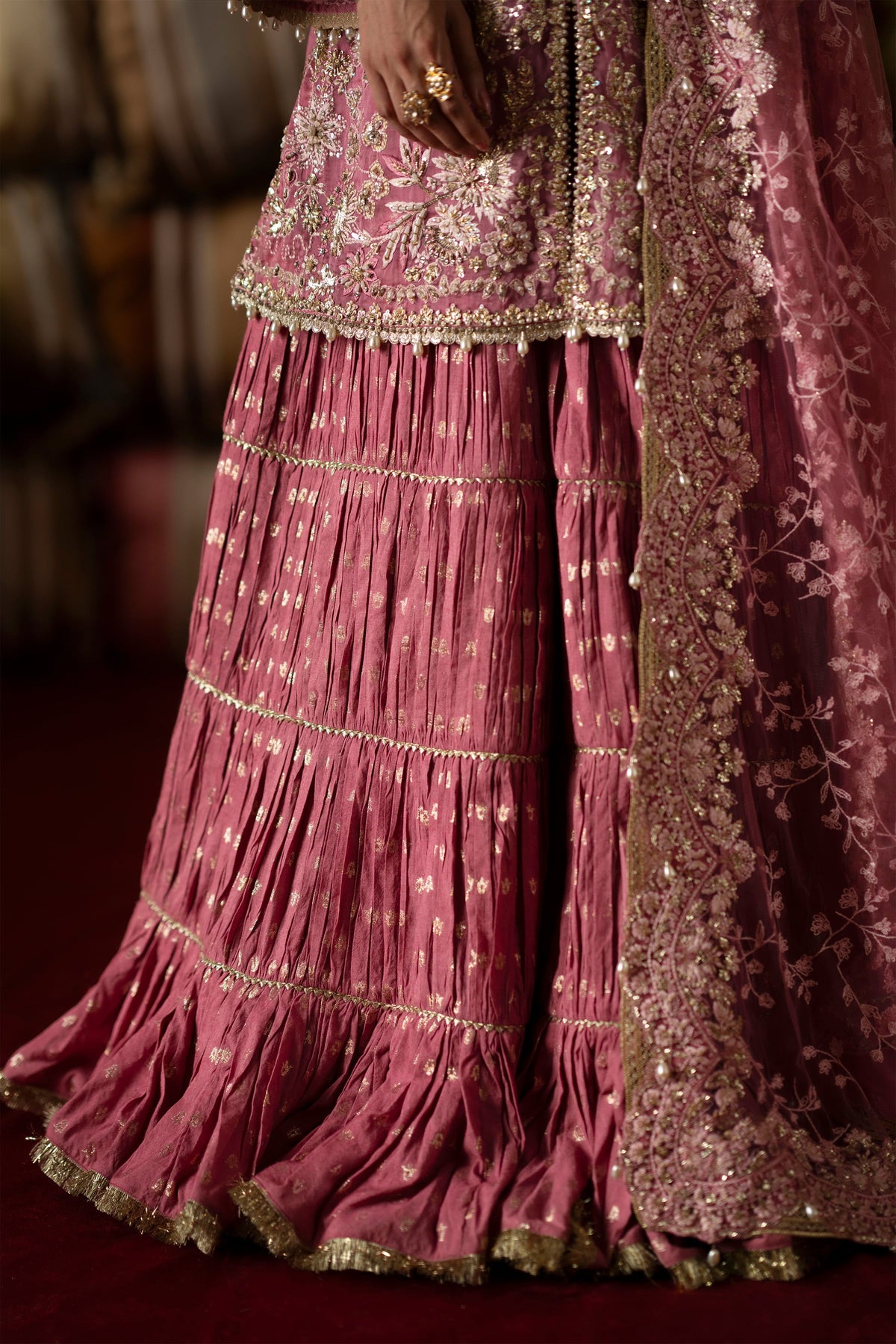 Saad Bin Shahzad Selah – candy pink embroidered short shirt with pleated gharara from LAAVNI'25 – view 6