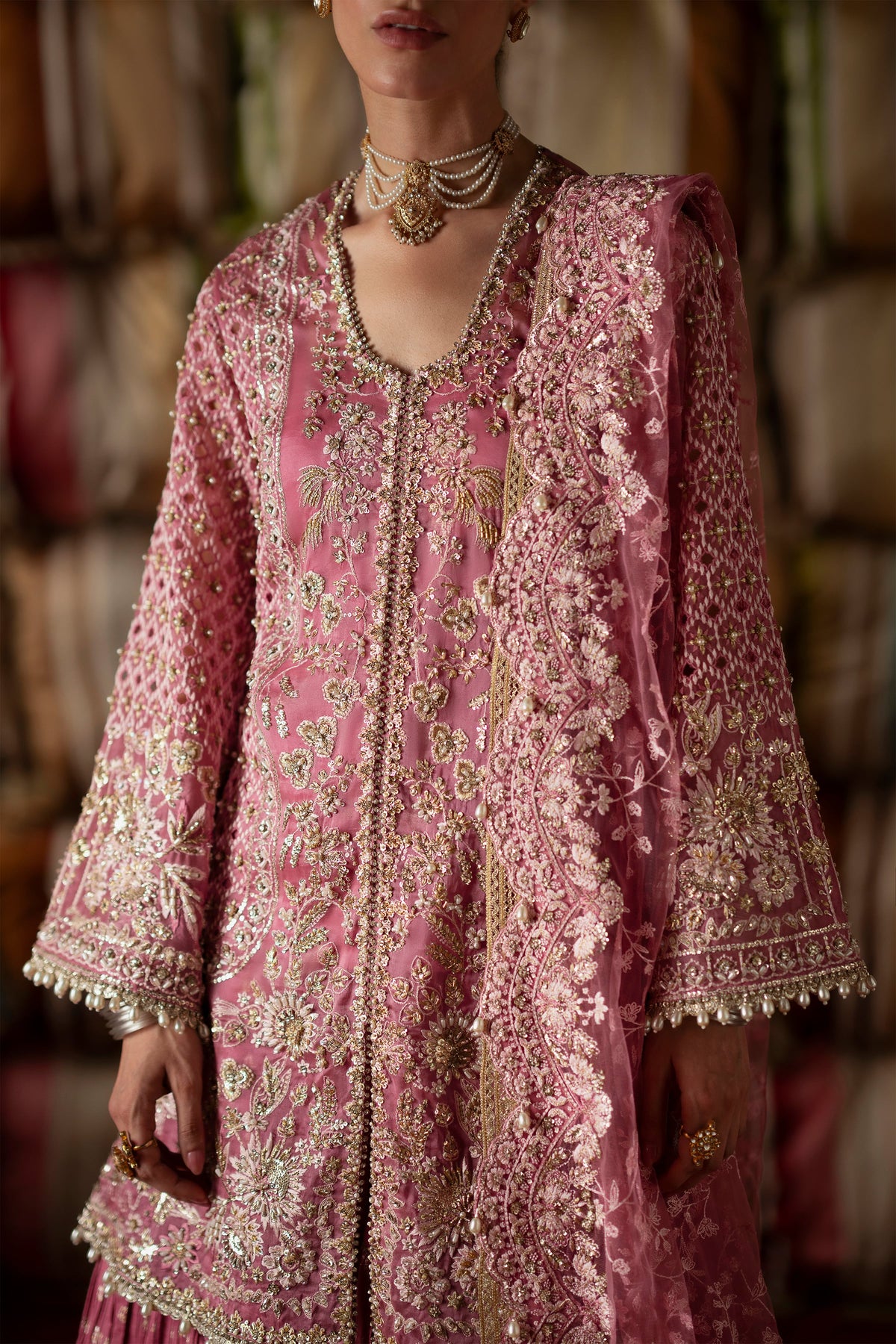 Saad Bin Shahzad Selah – candy pink embroidered short shirt with pleated gharara from LAAVNI'25 – view 8