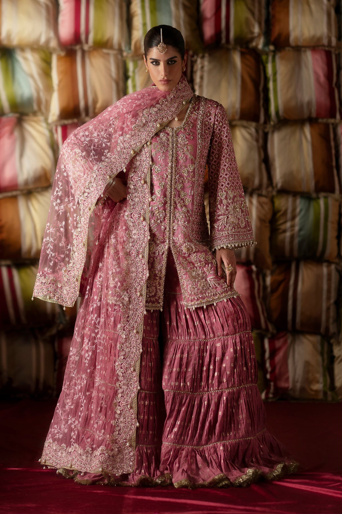 Saad Bin Shahzad Selah – candy pink embroidered short shirt with pleated gharara from LAAVNI'25 – view 10