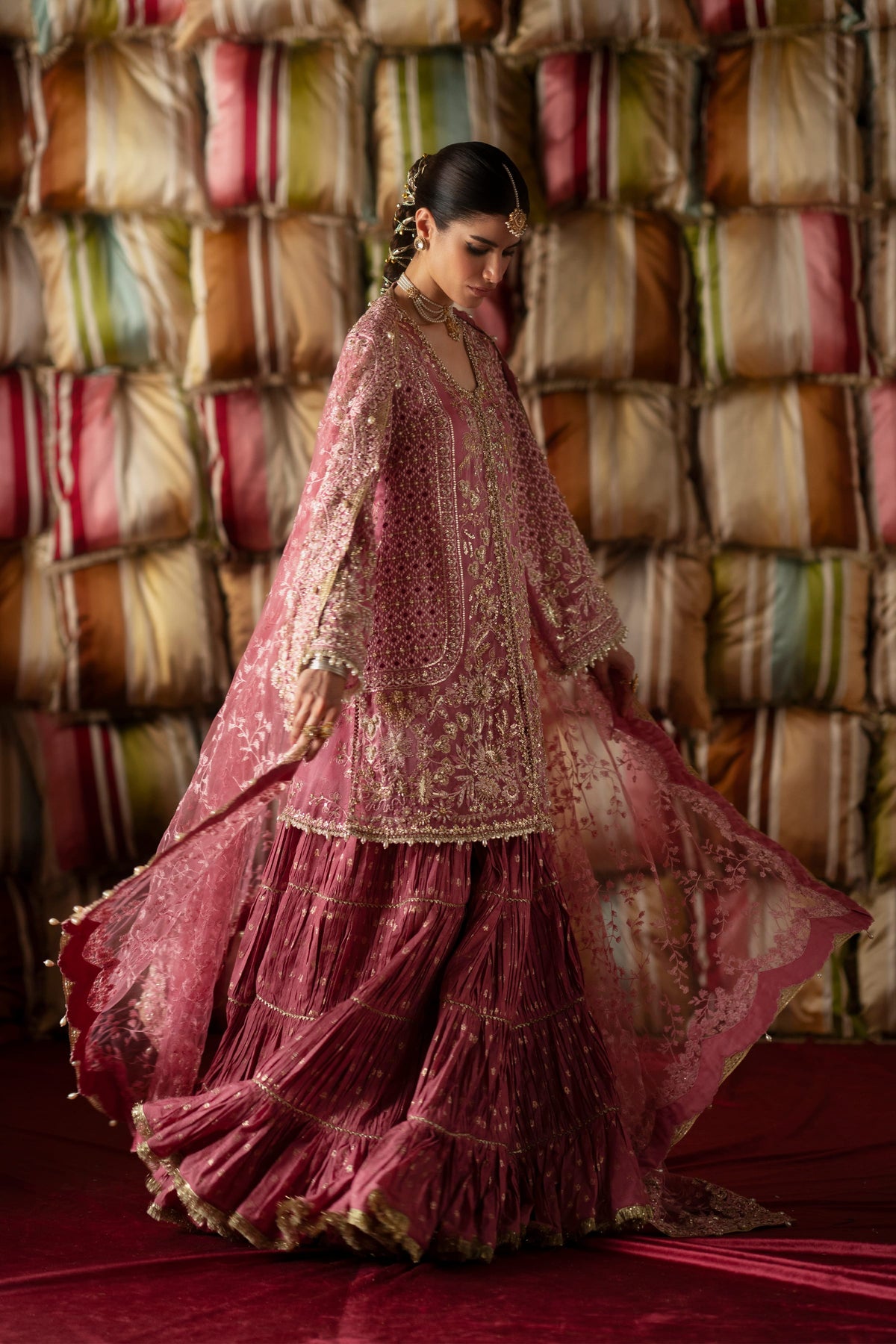 Saad Bin Shahzad Selah – candy pink embroidered short shirt with pleated gharara from LAAVNI'25 – view 4