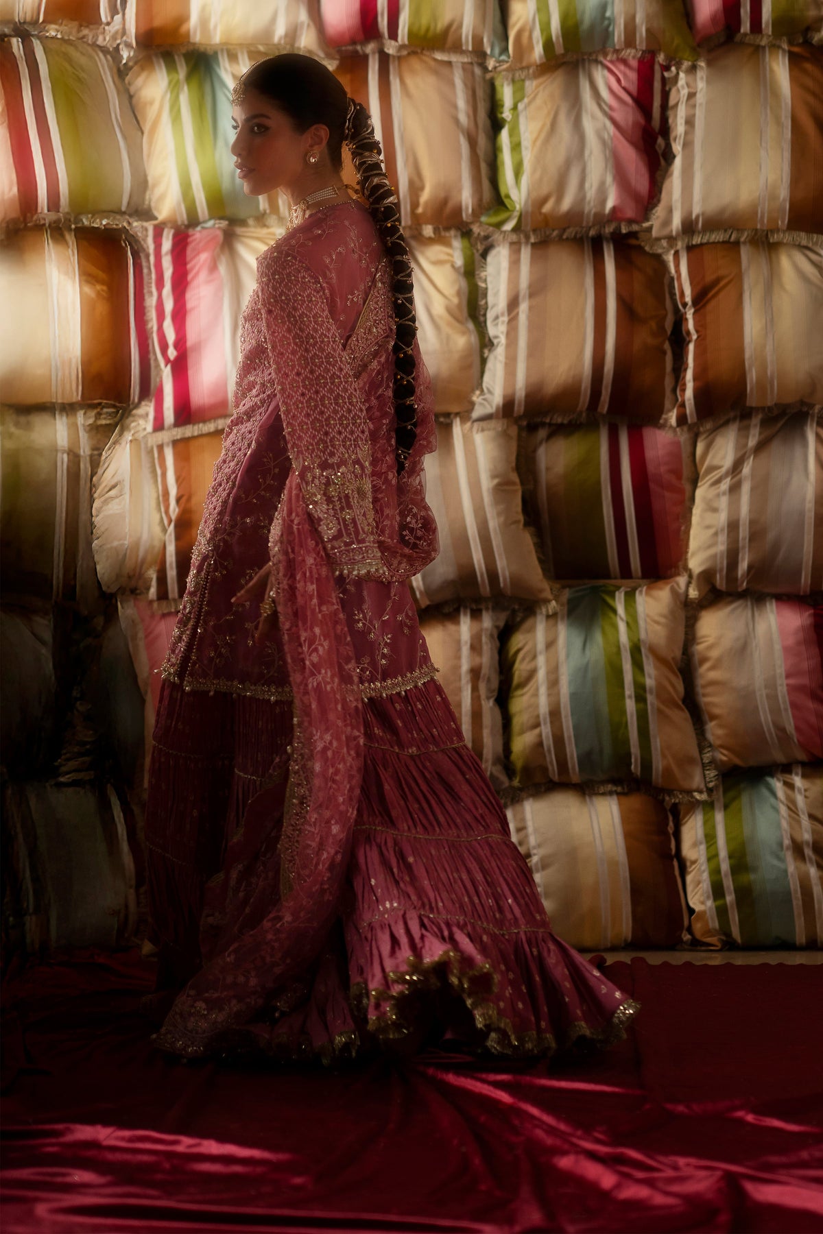 Saad Bin Shahzad Selah – candy pink embroidered short shirt with pleated gharara from LAAVNI'25 – view 5