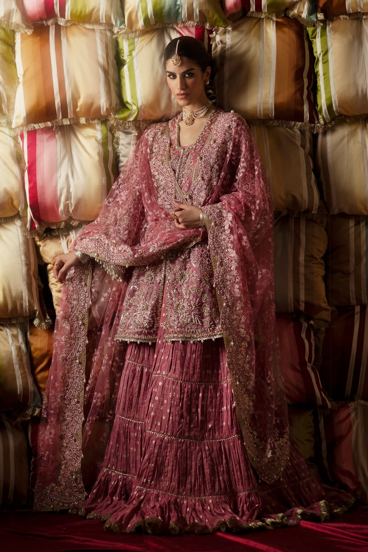Saad Bin Shahzad Selah – candy pink embroidered short shirt with pleated gharara from LAAVNI'25 – view 3