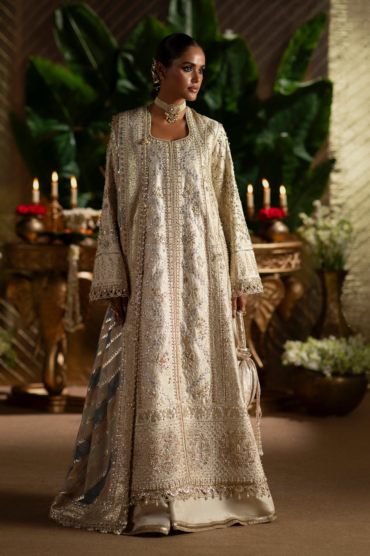 Saad Bin Shahzad Sophia – white and gold jamawar open kalidar with sharara from LAAVNI'25 – view 10