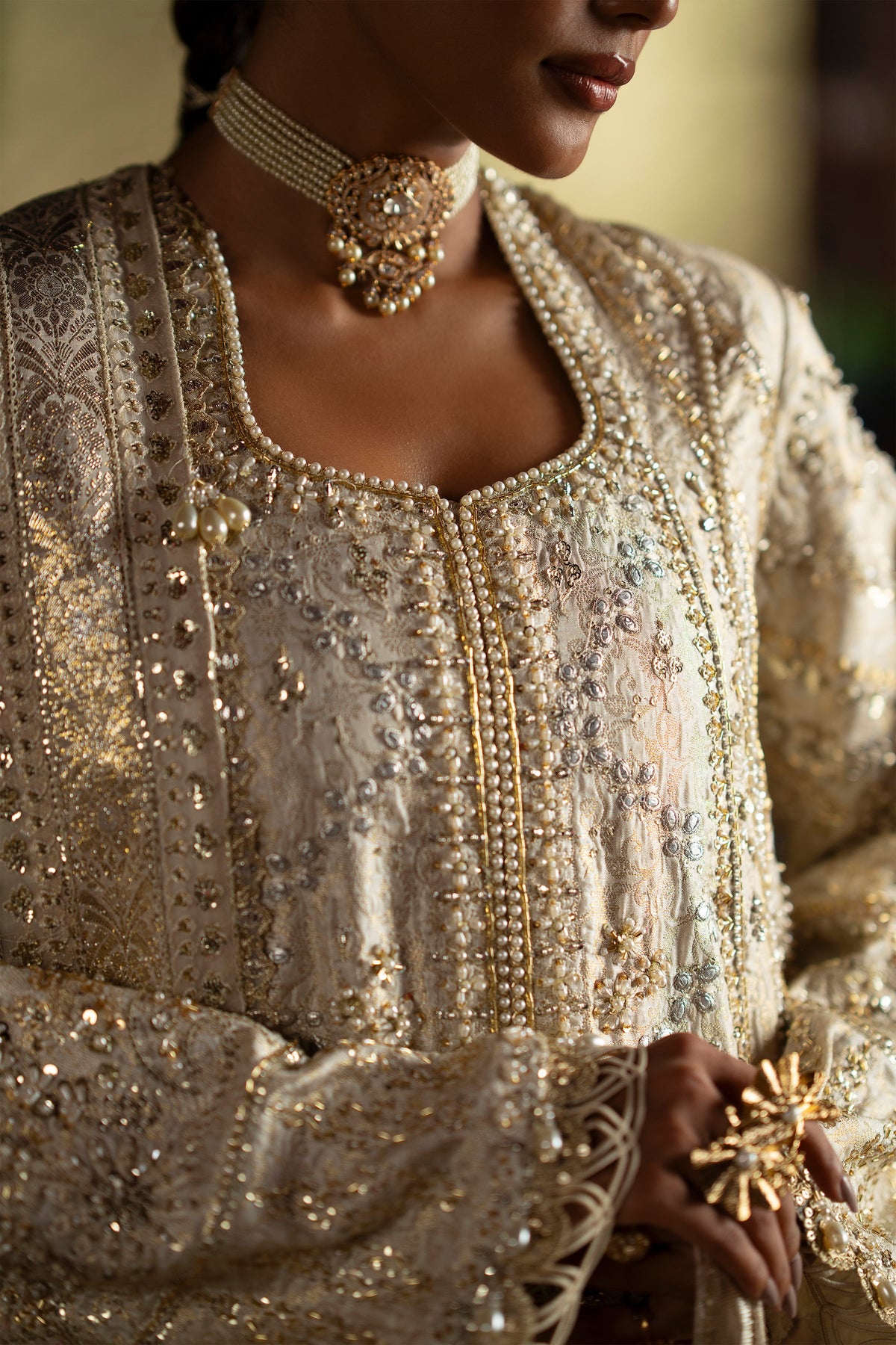 Saad Bin Shahzad Sophia – white and gold jamawar open kalidar with sharara from LAAVNI'25 – view 7