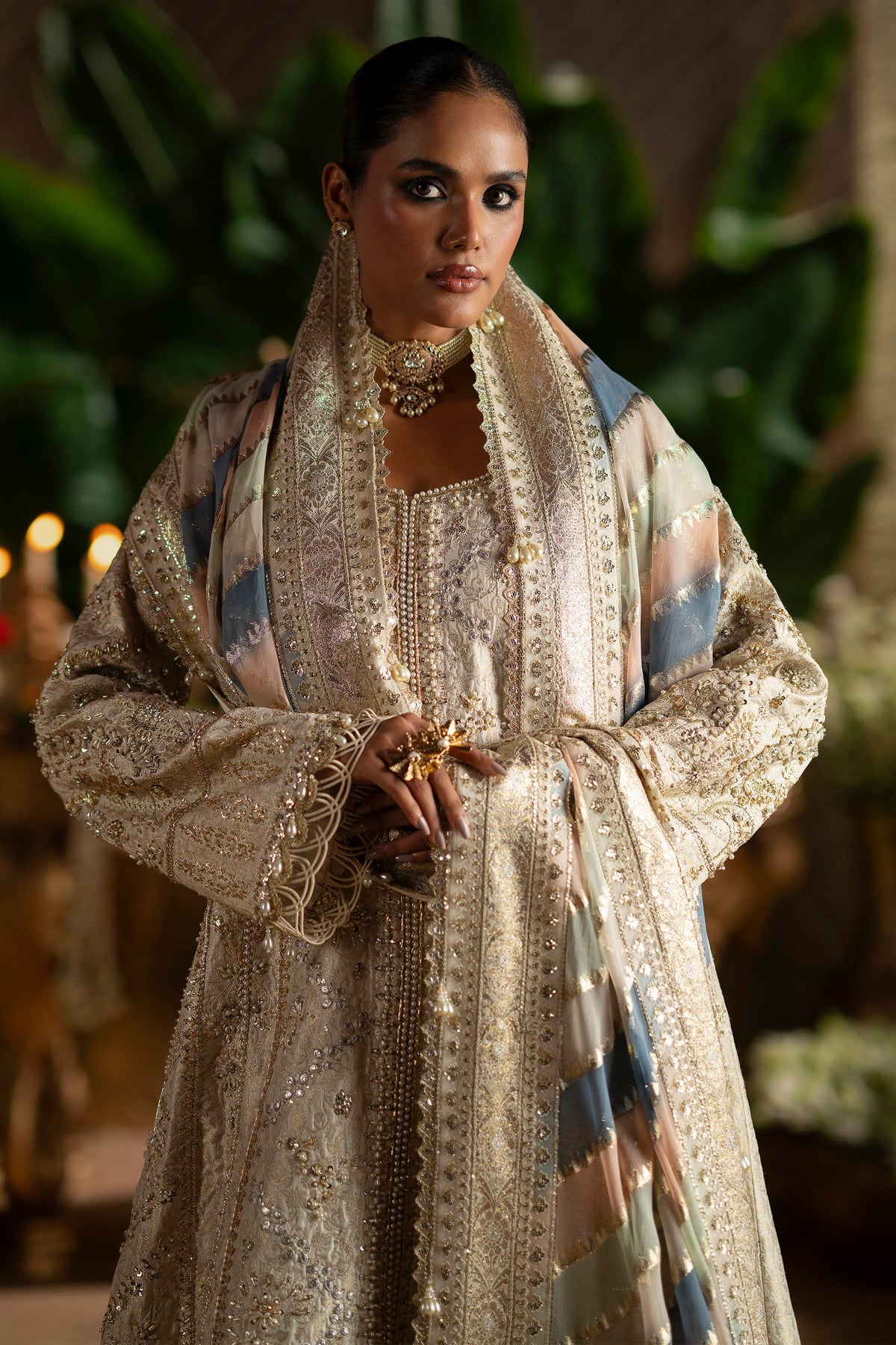 Saad Bin Shahzad Sophia – white and gold jamawar open kalidar with sharara from LAAVNI'25 – view 2
