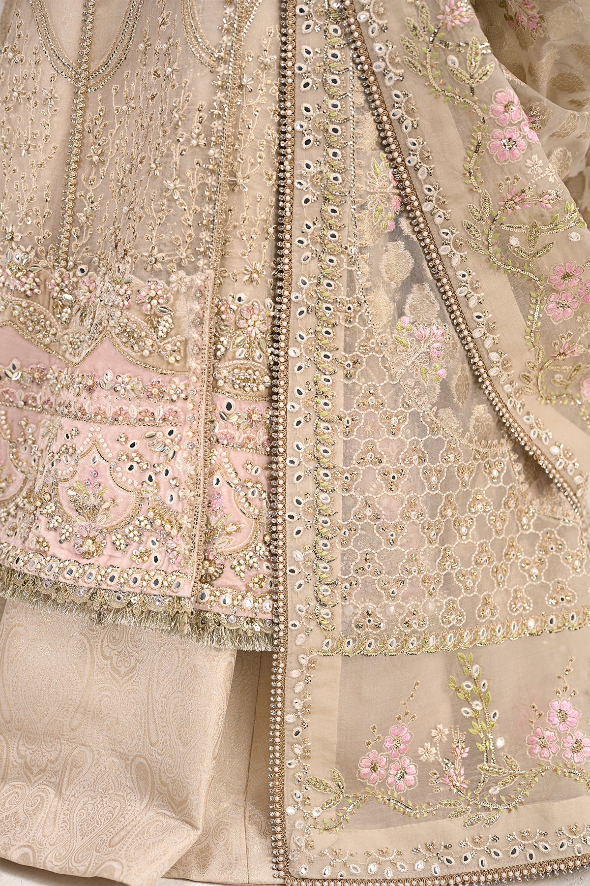 Saad Bin Shahzad Ayla – beige organza angrakha with jamawar lehenga from Kai-Ros Wedding Unstitched'25 – view 3