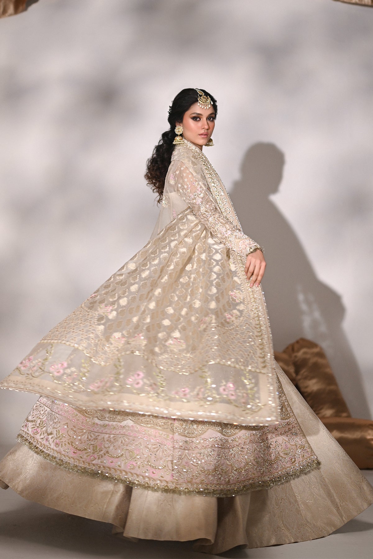 Saad Bin Shahzad Ayla – beige organza angrakha with jamawar lehenga from Kai-Ros Wedding Unstitched'25 – view 2