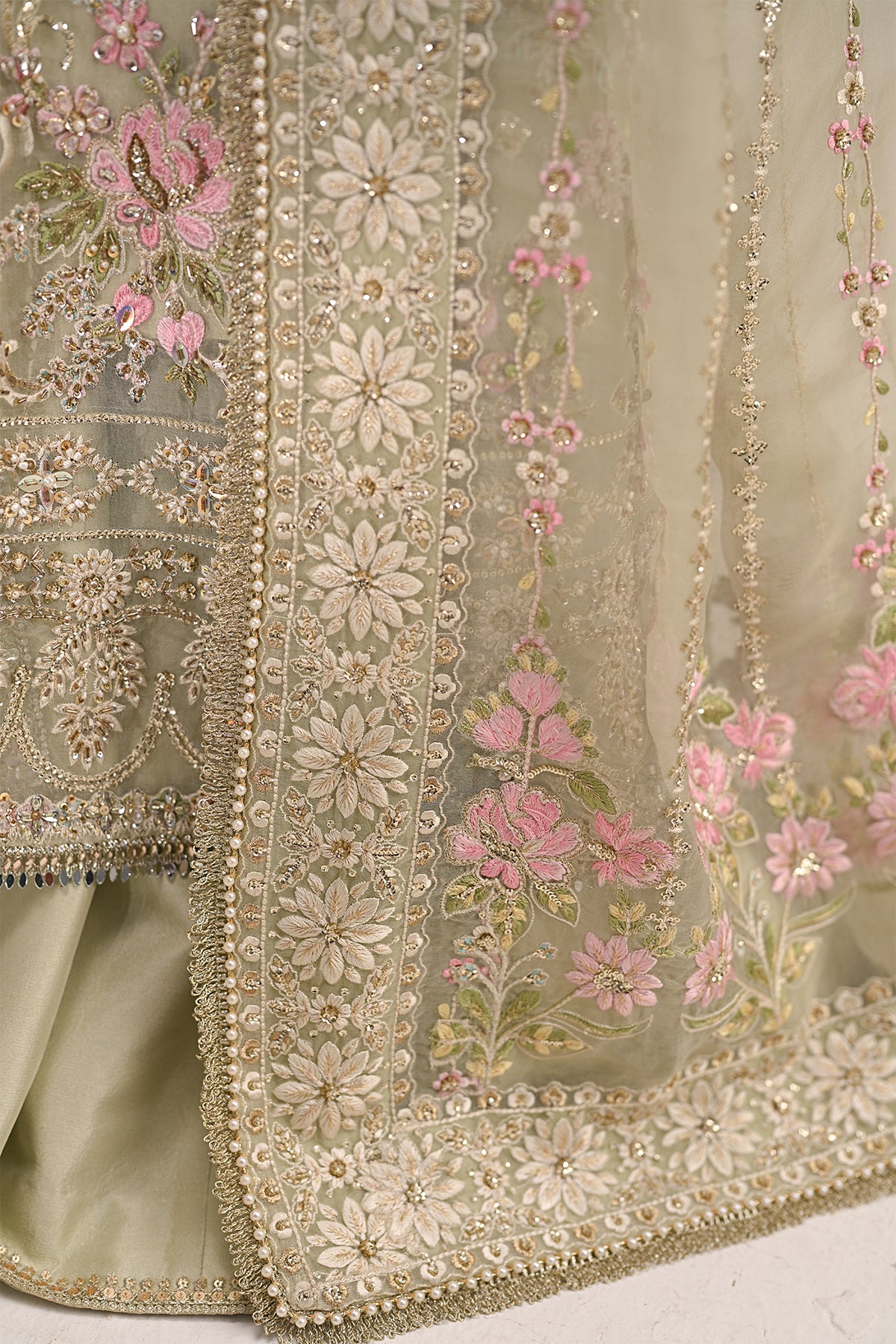 Saad Bin Shahzad Niyah – sage green embroidered organza sharara suit from Kai-Ros Wedding Unstitched'25 – view 3