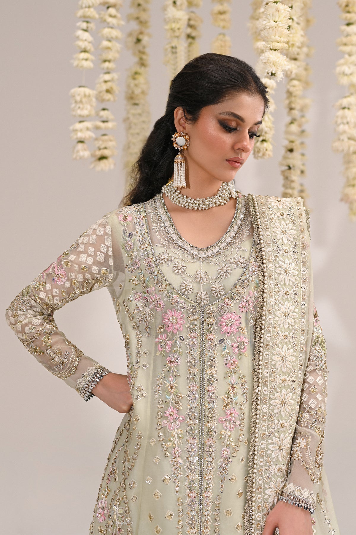 Saad Bin Shahzad Niyah – sage green embroidered organza sharara suit from Kai-Ros Wedding Unstitched'25 – view 7