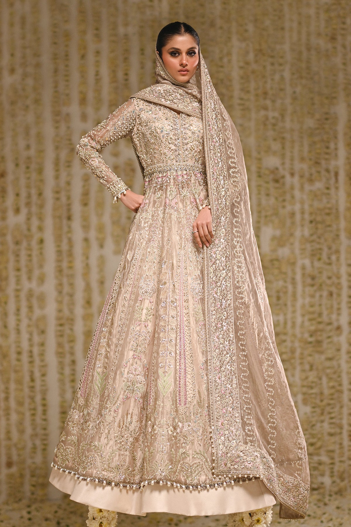 Saad Bin Shahzad Maya – champagne tissue pishwas with lehenga from Kai-Ros Wedding Unstitched'25