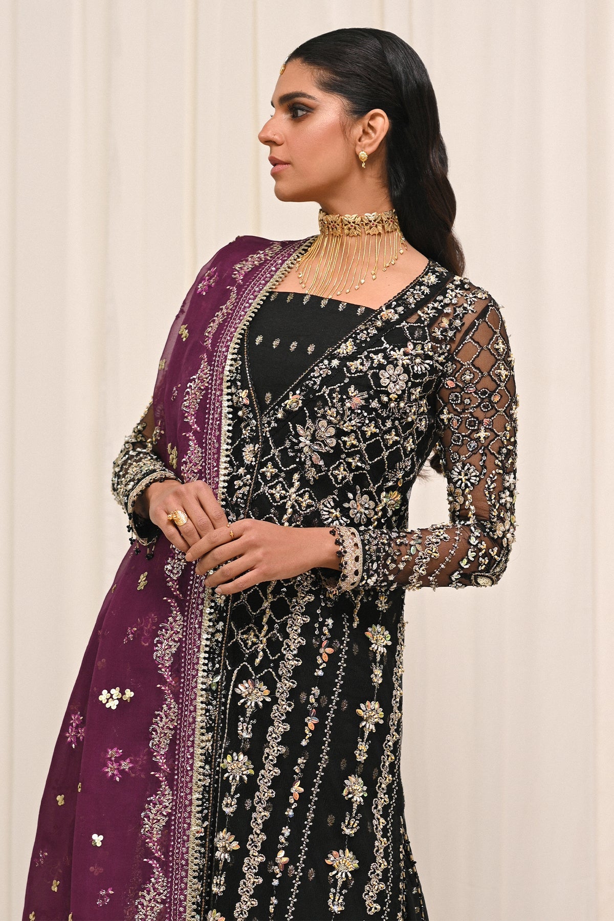Saad Bin Shahzad Azra – black embroidered net shirt with zari gharara from Kai-Ros Wedding Unstitched'25 – view 7