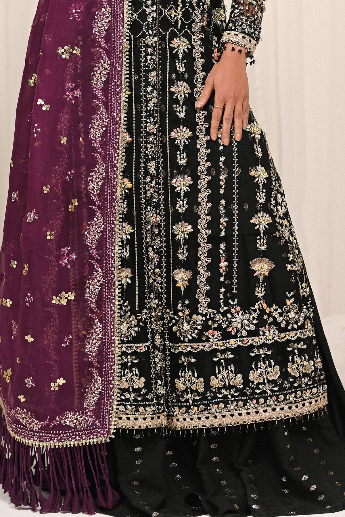 Saad Bin Shahzad Azra – black embroidered net shirt with zari gharara from Kai-Ros Wedding Unstitched'25 – view 3