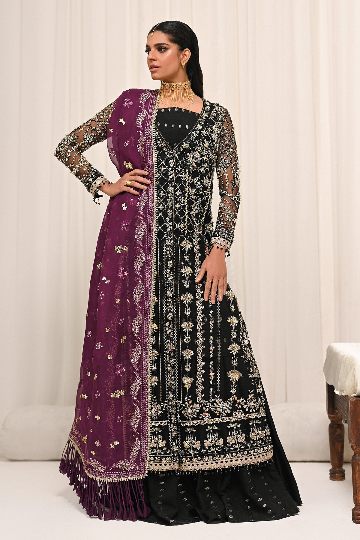 Saad Bin Shahzad Azra – black embroidered net shirt with zari gharara from Kai-Ros Wedding Unstitched'25 – view 8
