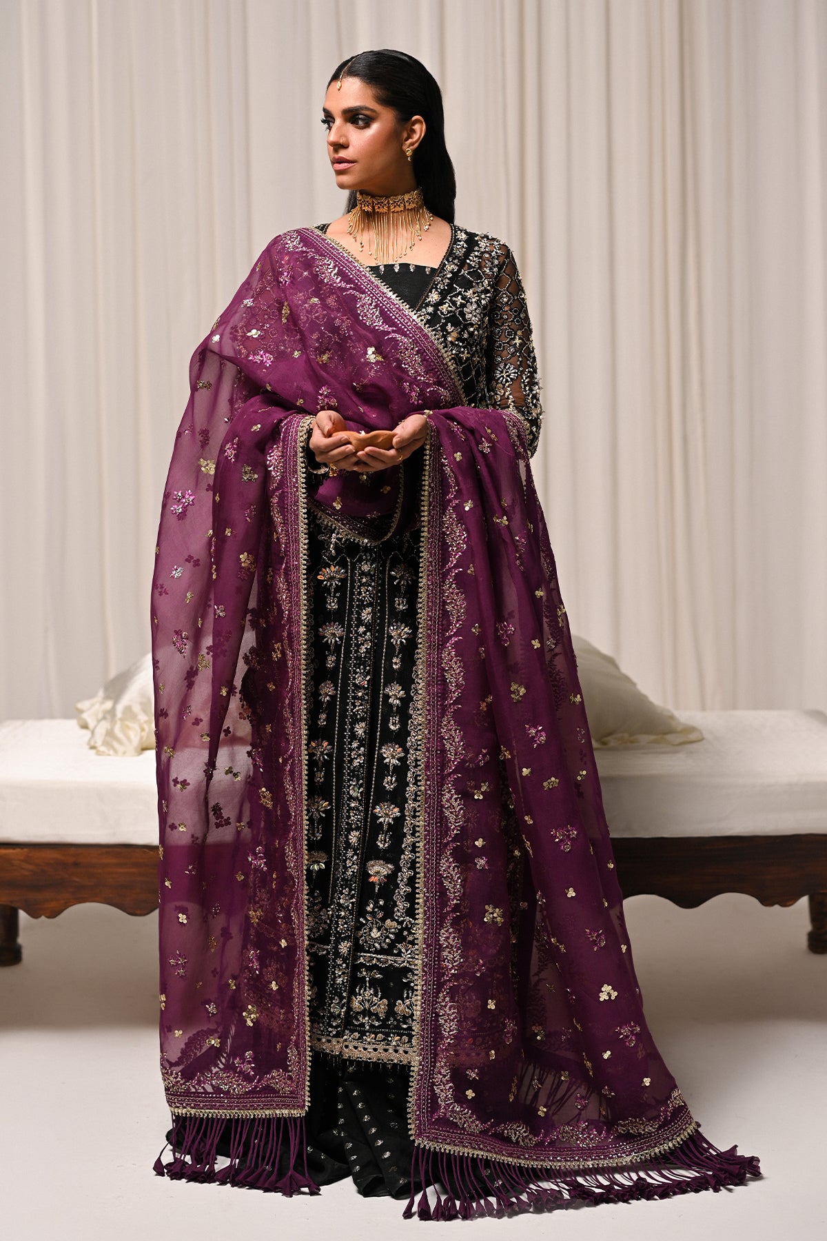 Saad Bin Shahzad Azra – black embroidered net shirt with zari gharara from Kai-Ros Wedding Unstitched'25
