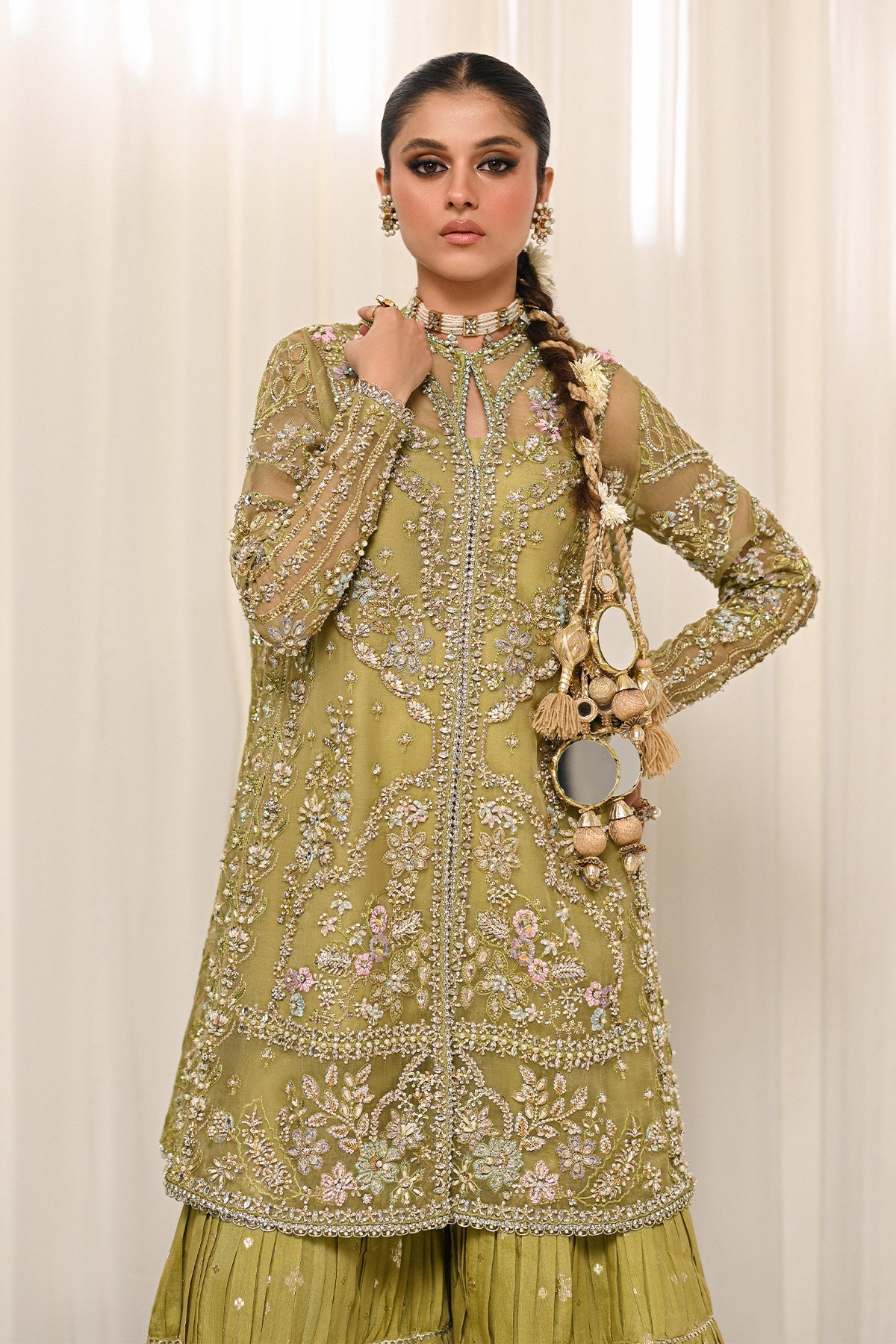 Saad Bin Shahzad Meraki – olive green embroidered organza sharara suit from Kai-Ros Wedding Unstitched'25 – view 3